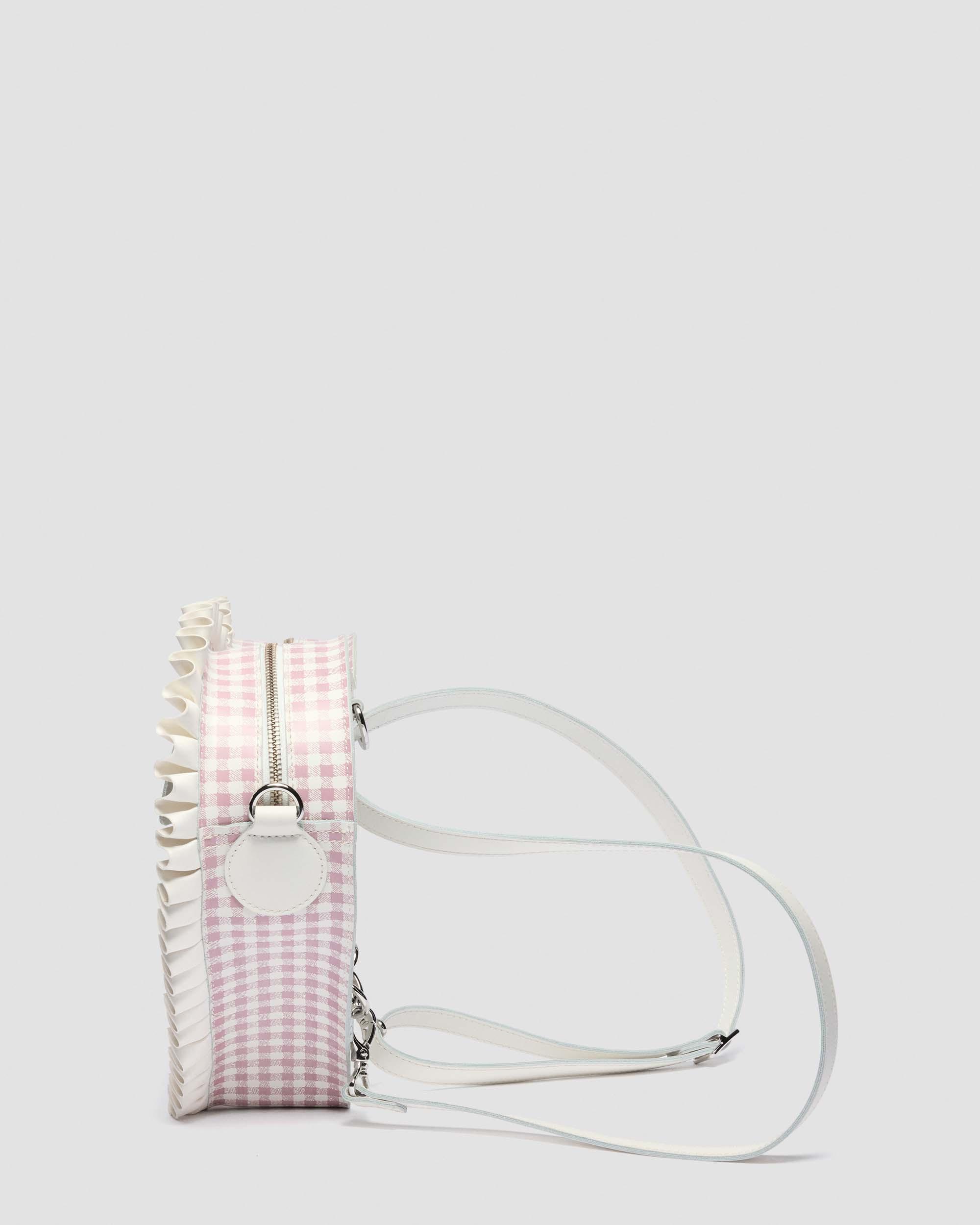 Frilled Gingham Leather Heart Backpack in White+Dusty Rose | Dr