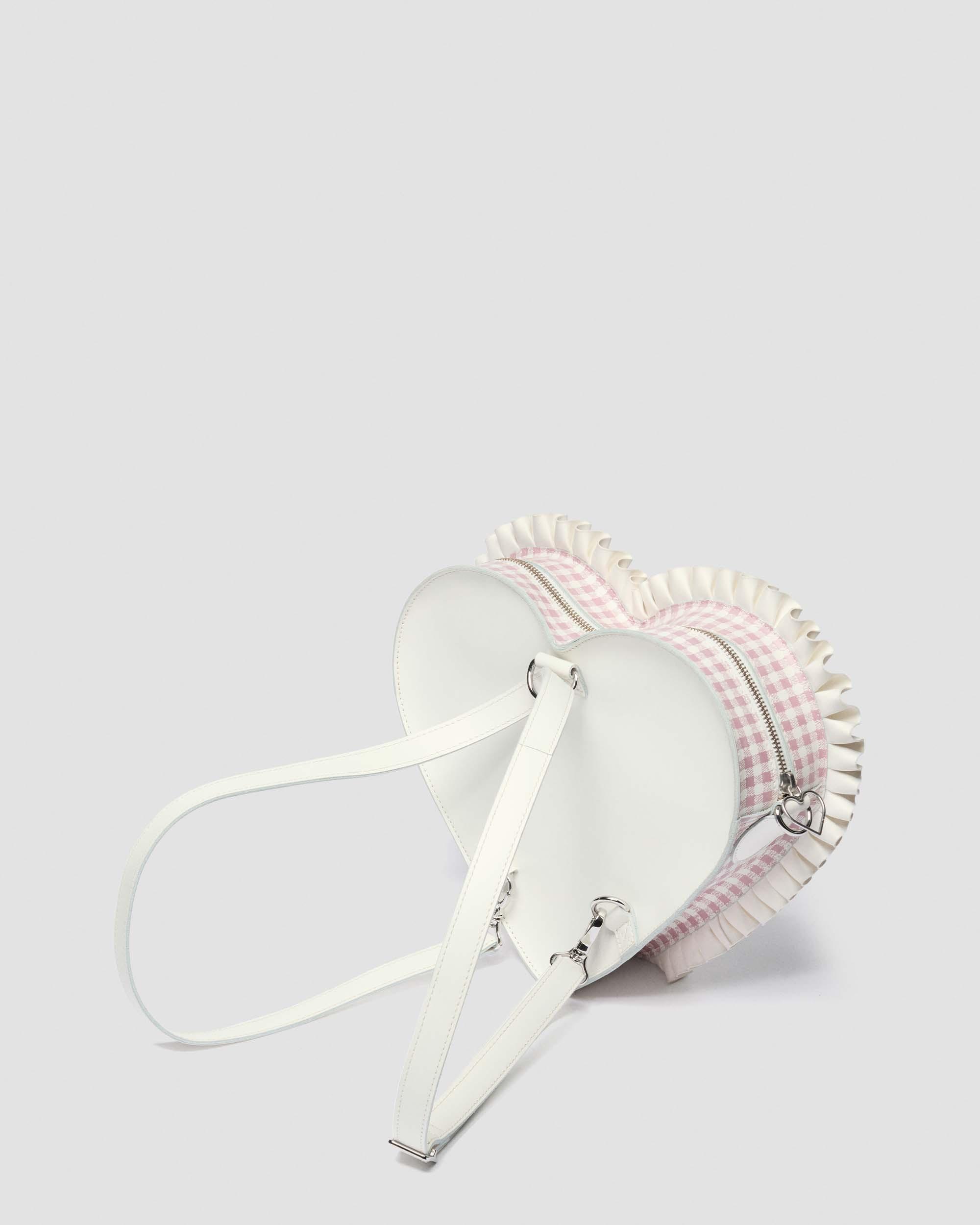 Frilled Gingham Leather Heart Backpack in White+Dusty Rose