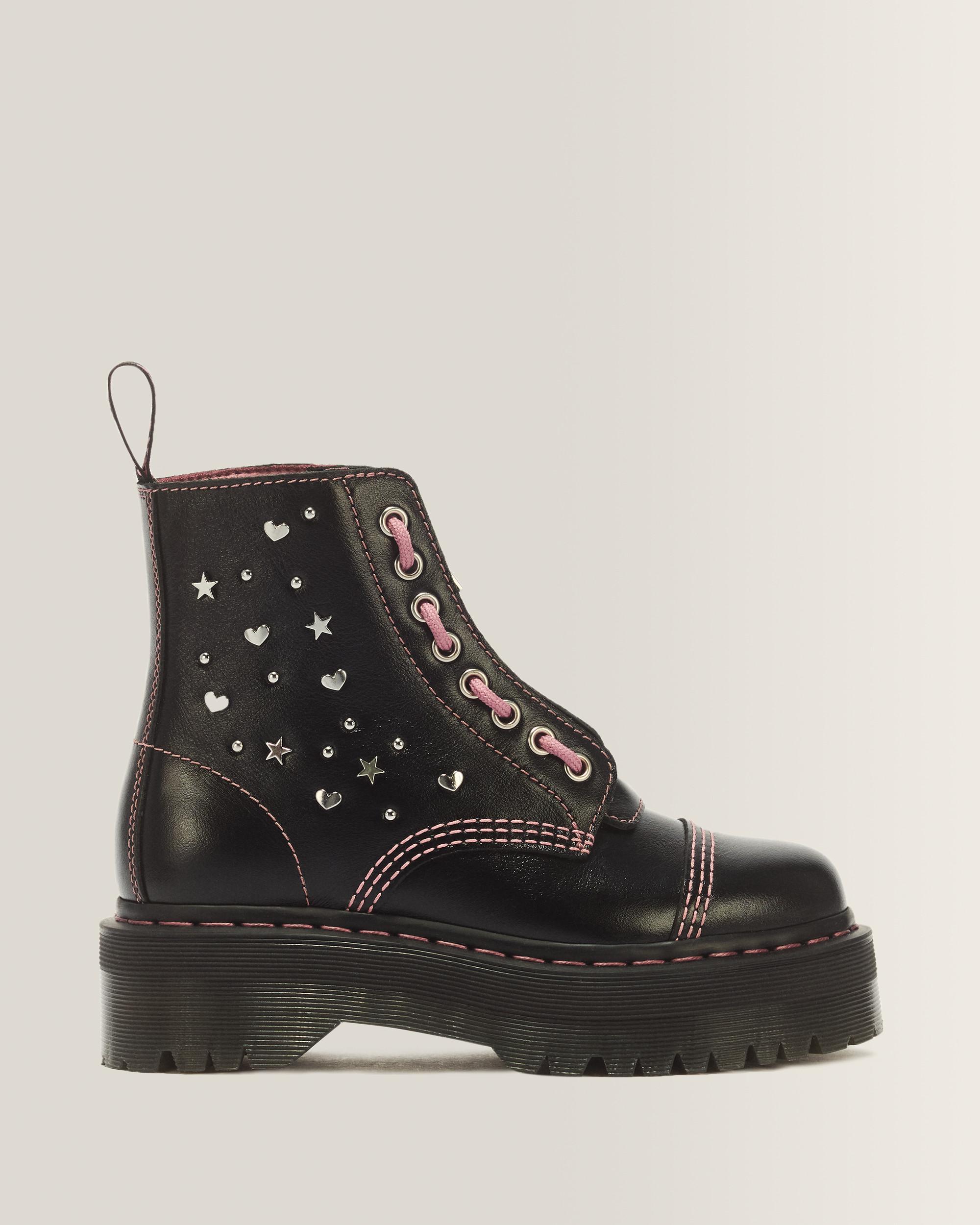 Sinclair Hearts & Stars 8 Eye Milled Gloss Leather Platform Boots in BLACK