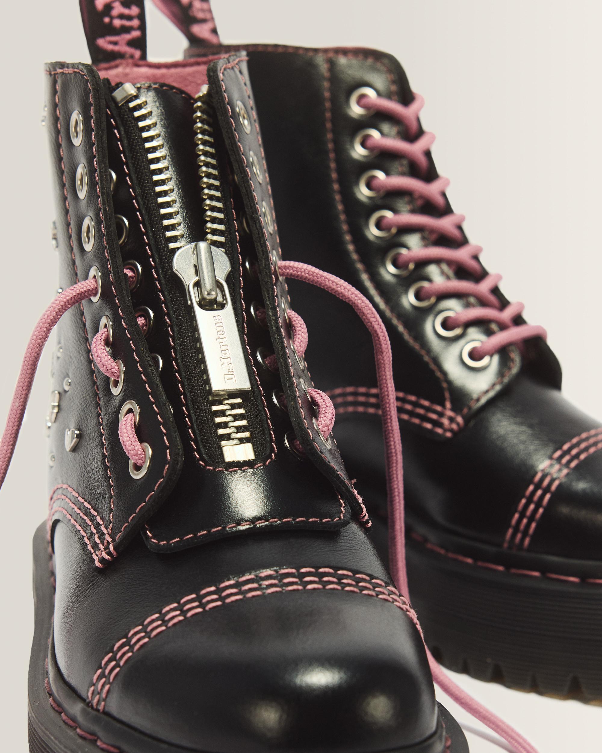 Sinclair Hearts & Stars 8 Eye Leather Platform Boots in Black