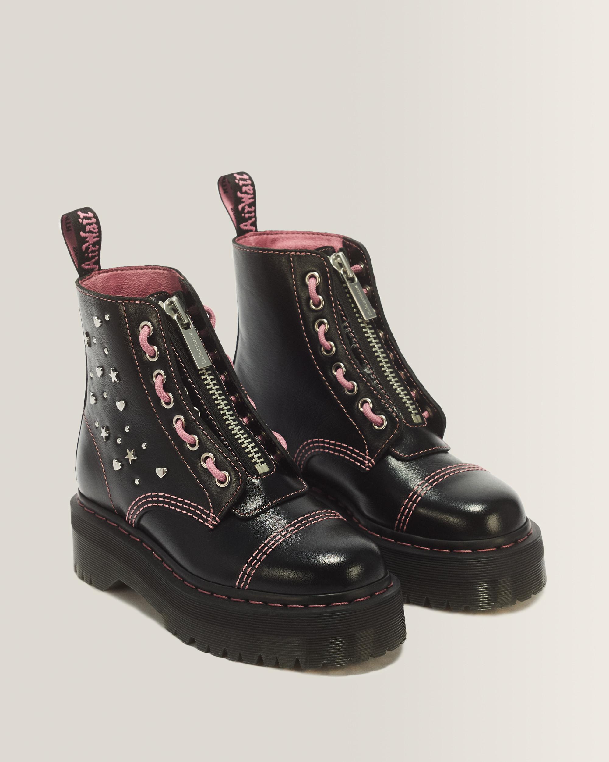 Sinclair Hearts & Stars 8 Eye Leather Platform Boots in Black