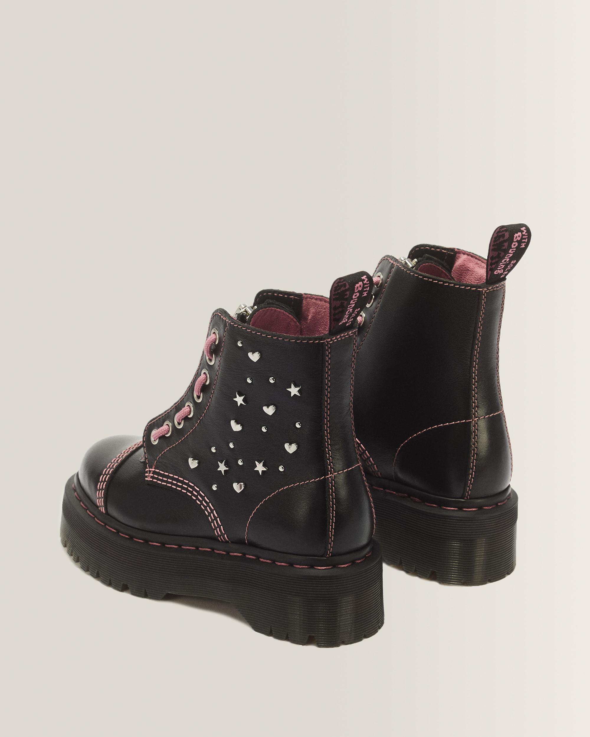 Sinclair Hearts & Stars 8 Eye Leather Platform Boots in Black