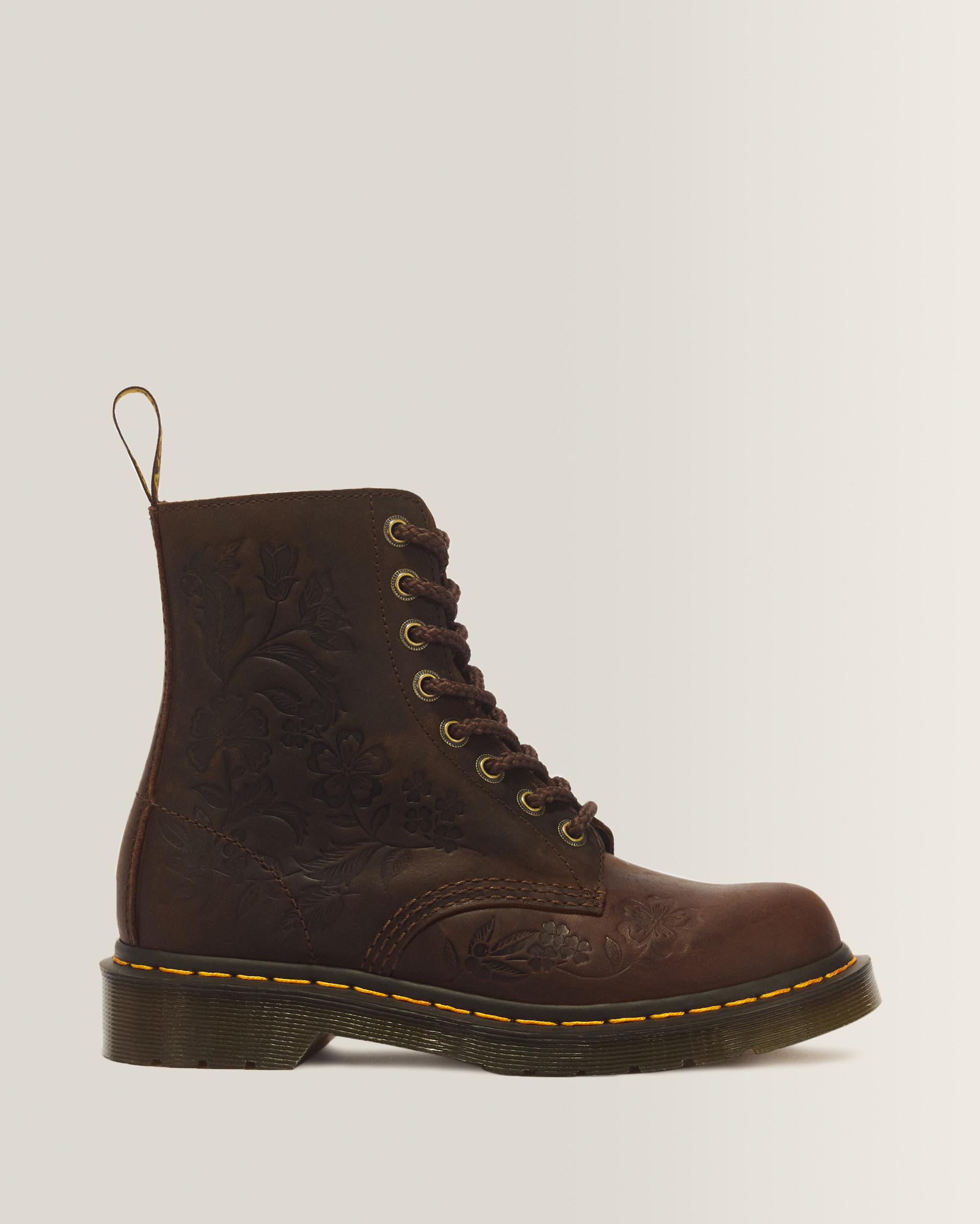 Dr. Martens 1460 Pascal Crazy Horse Leren Laarzen Met Bloemreliëf En Acht Veterogen in Bruin,