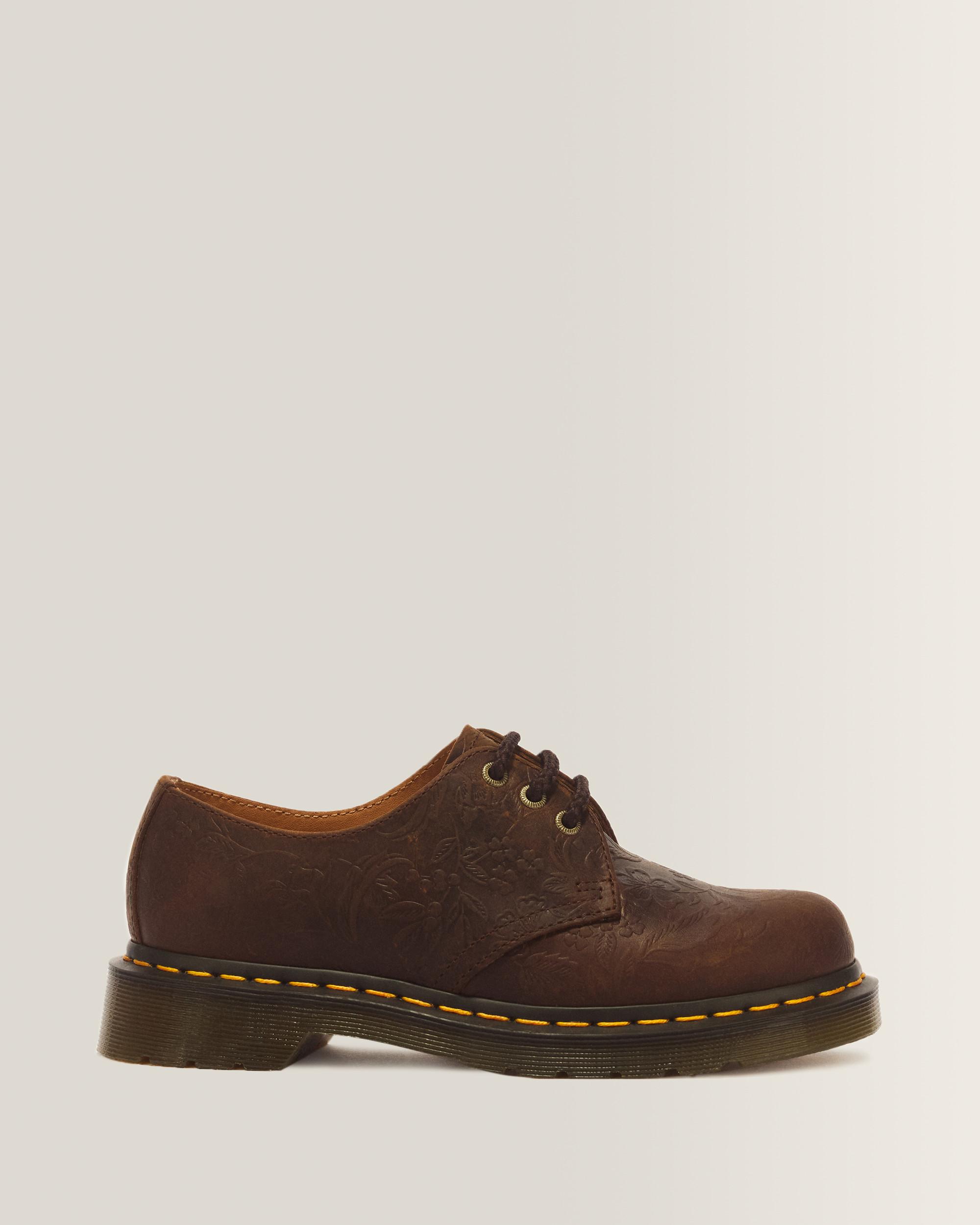 Dr. Martens 1461 Crazy Horse Leren Schoenen Met Bloemreliëf En Drie Veterogen in Bruin,