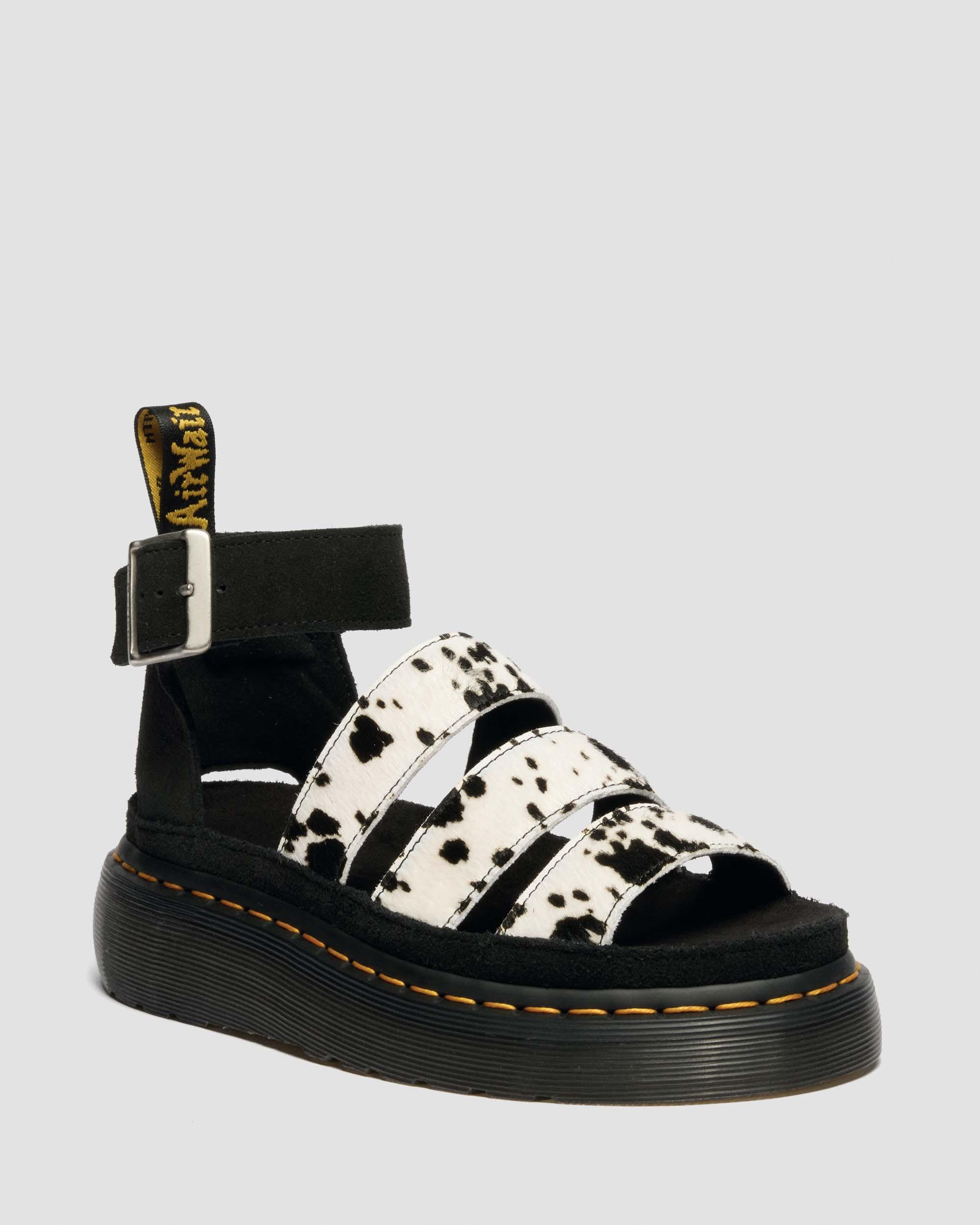 Clarissa Strap Hair On Leather Quad Sandals in Cream & Black