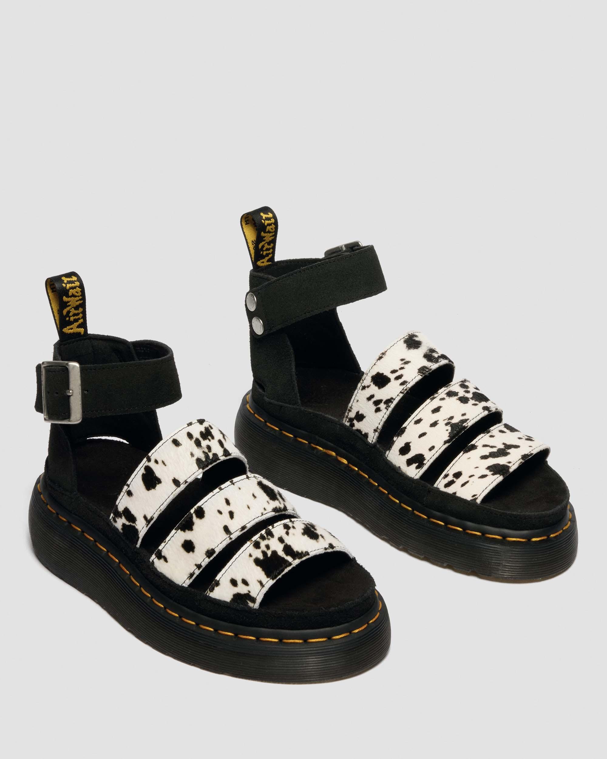 Clarissa Strap Hair On Leather Quad Sandals in Crème & Noir