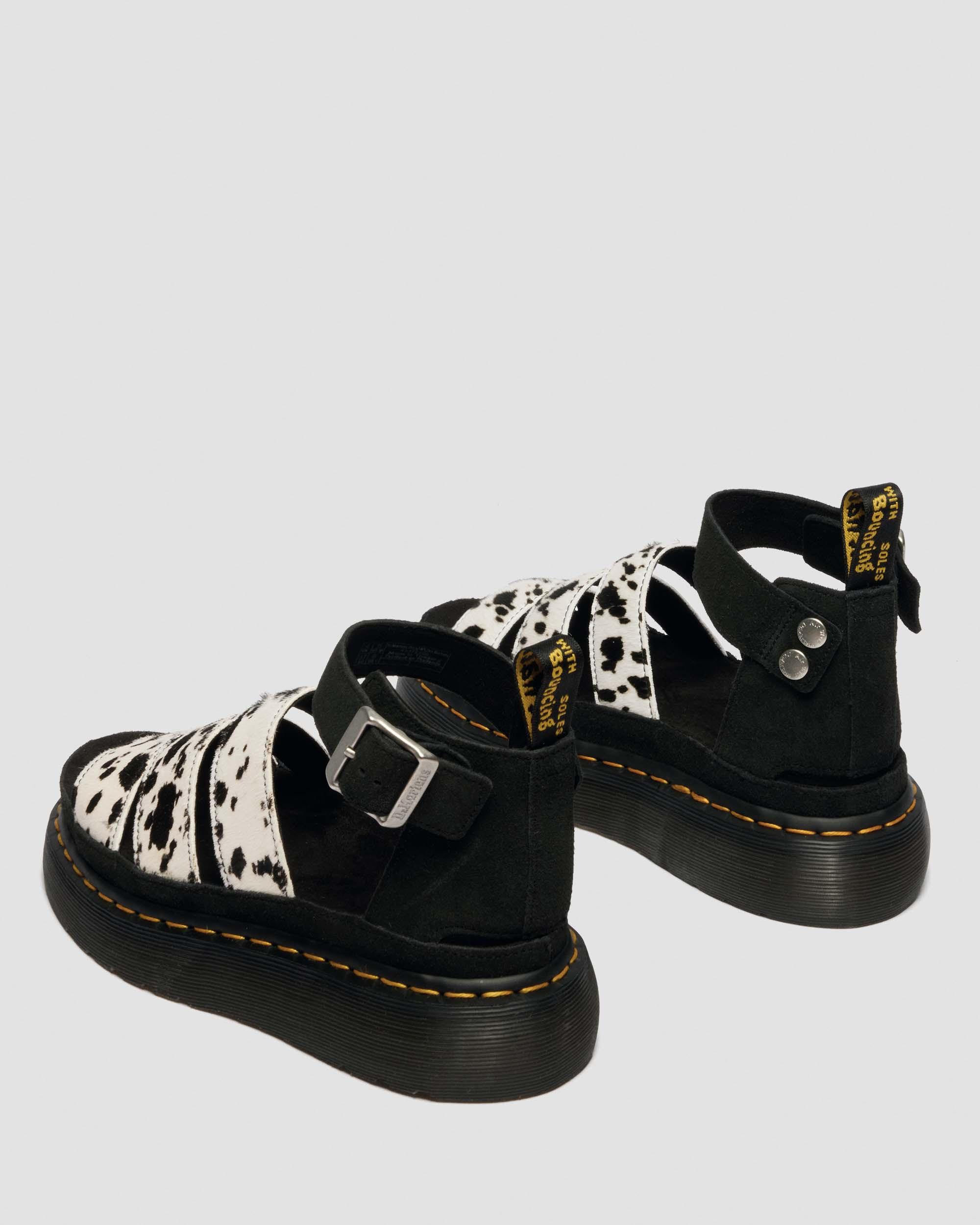 Clarissa Strap Hair On Leather Quad Sandals in Crème & Noir