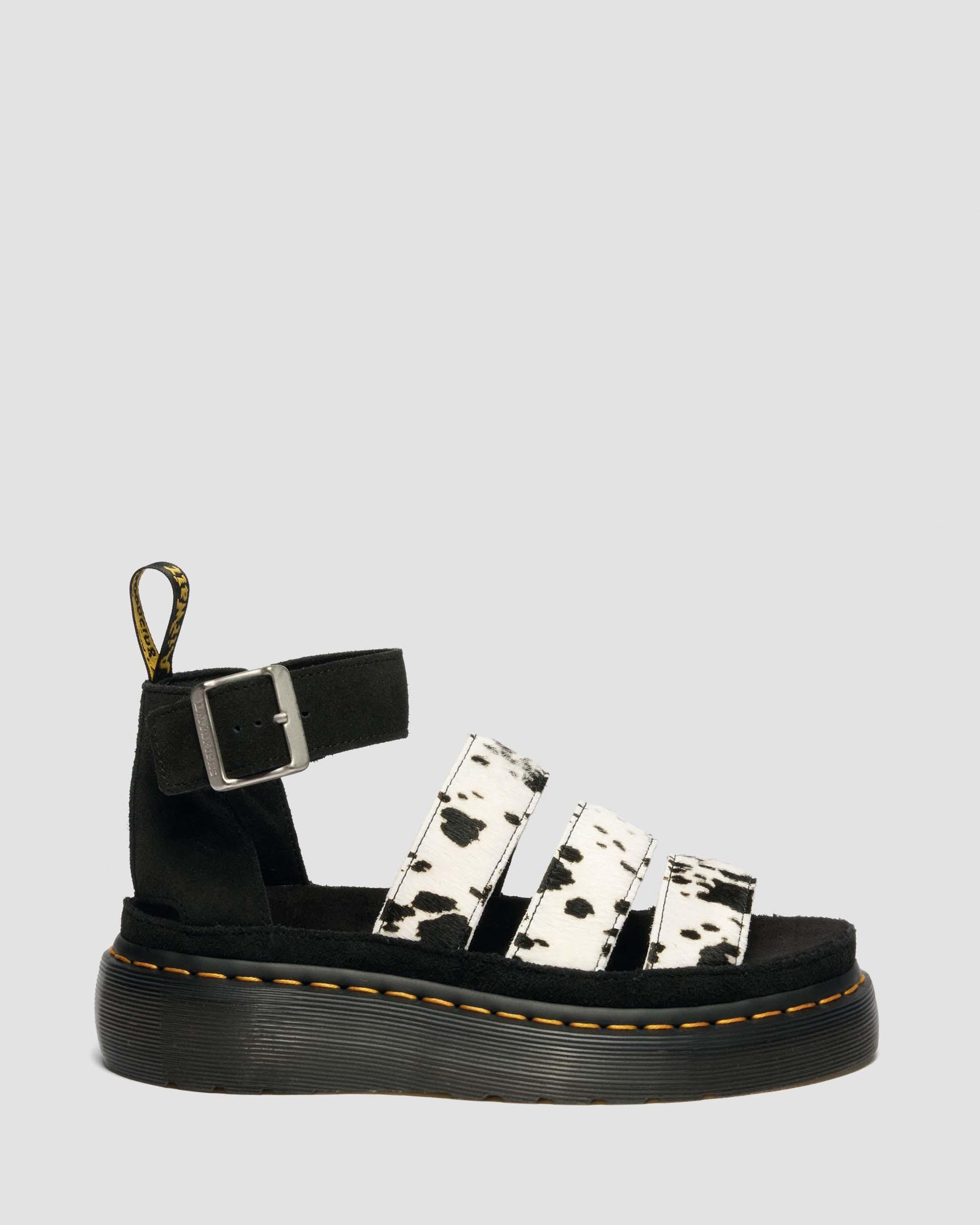 Clarissa Strap Hair On Leather Quad Sandals in Crème & Noir