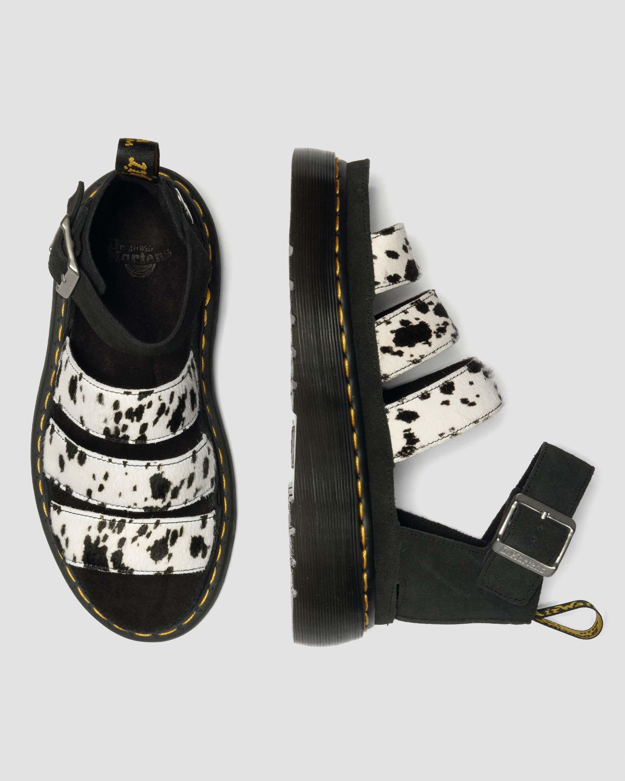 Clarissa Strap Hair On Leather Quad Sandals in Crème & Noir