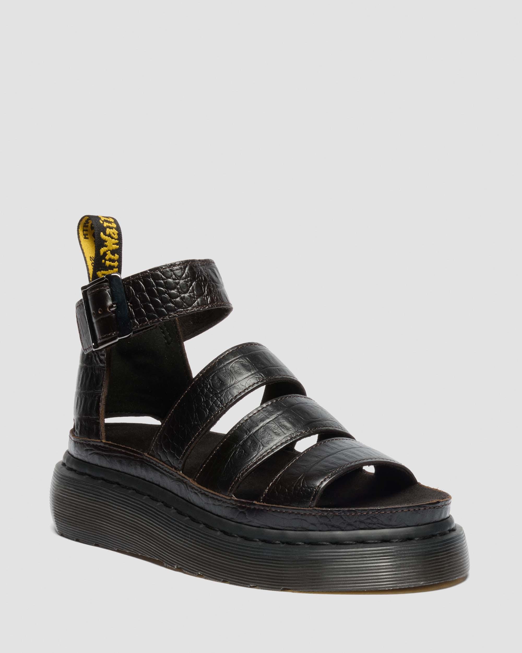 Clarissa Strap Croc Embossed Leather Quad Sandals in Dark Brown