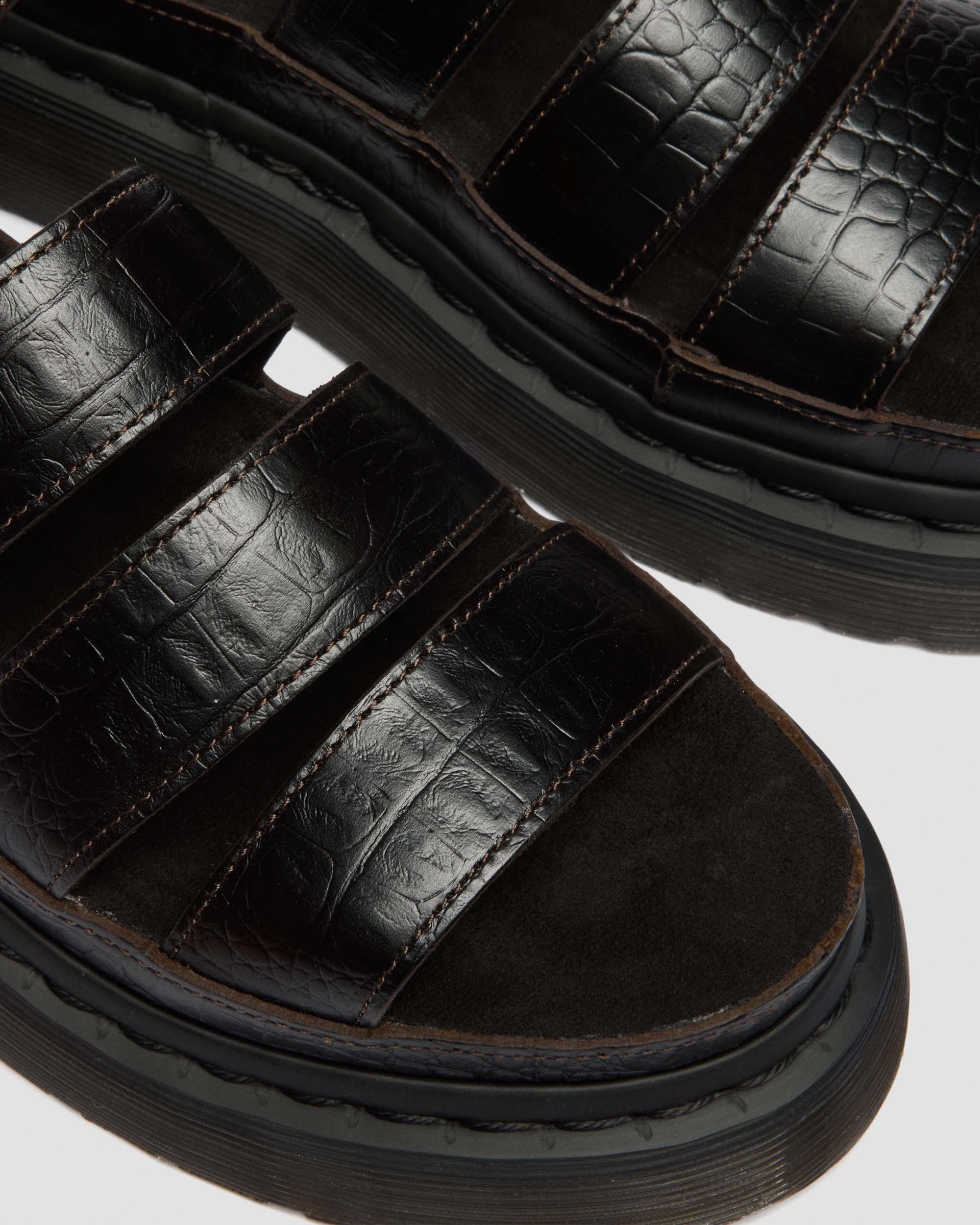Clarissa Strap Croc Embossed Leather Quad Sandals in Dark Brown