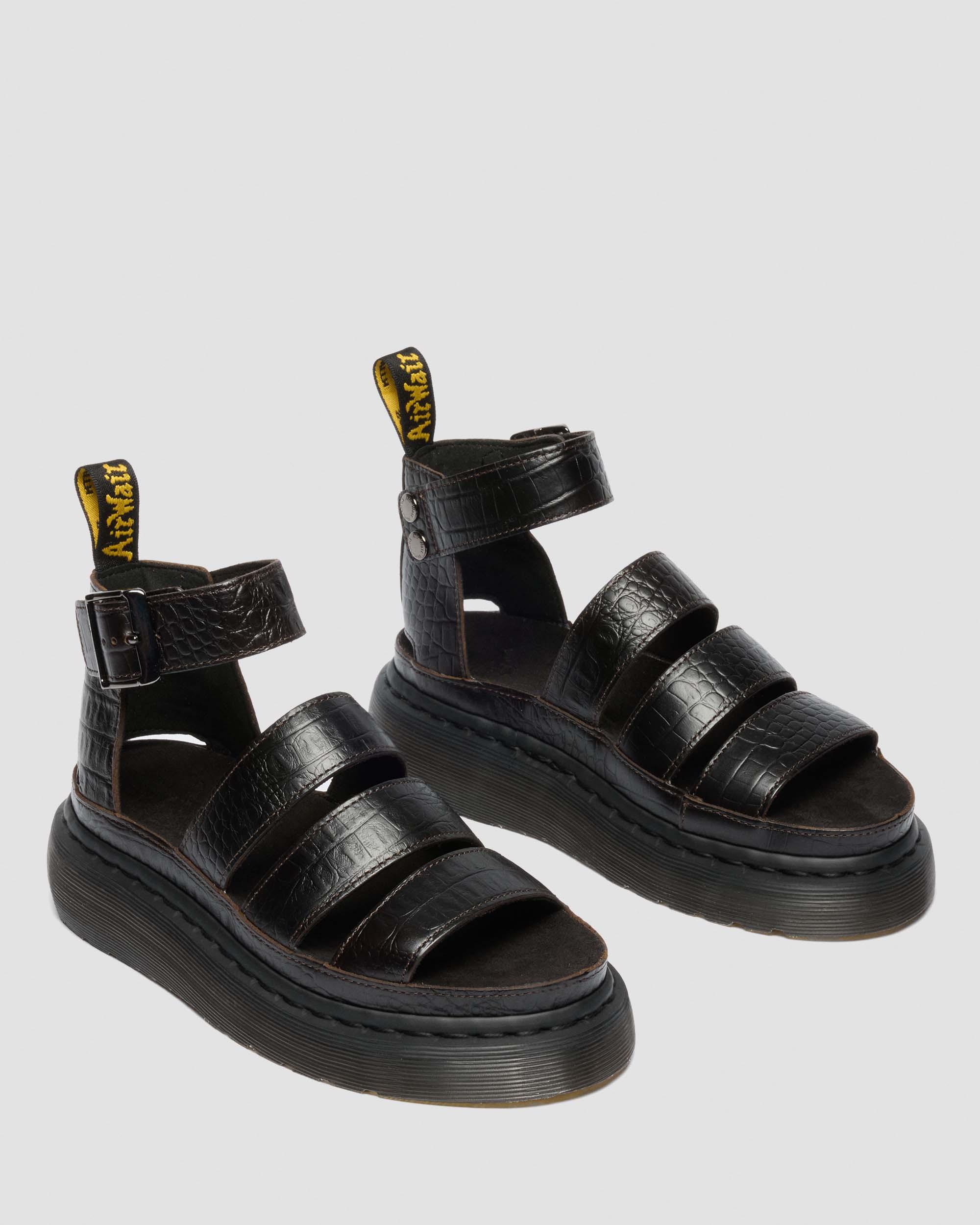 Clarissa Strap Croc Embossed Leather Quad Sandals in Dark Brown
