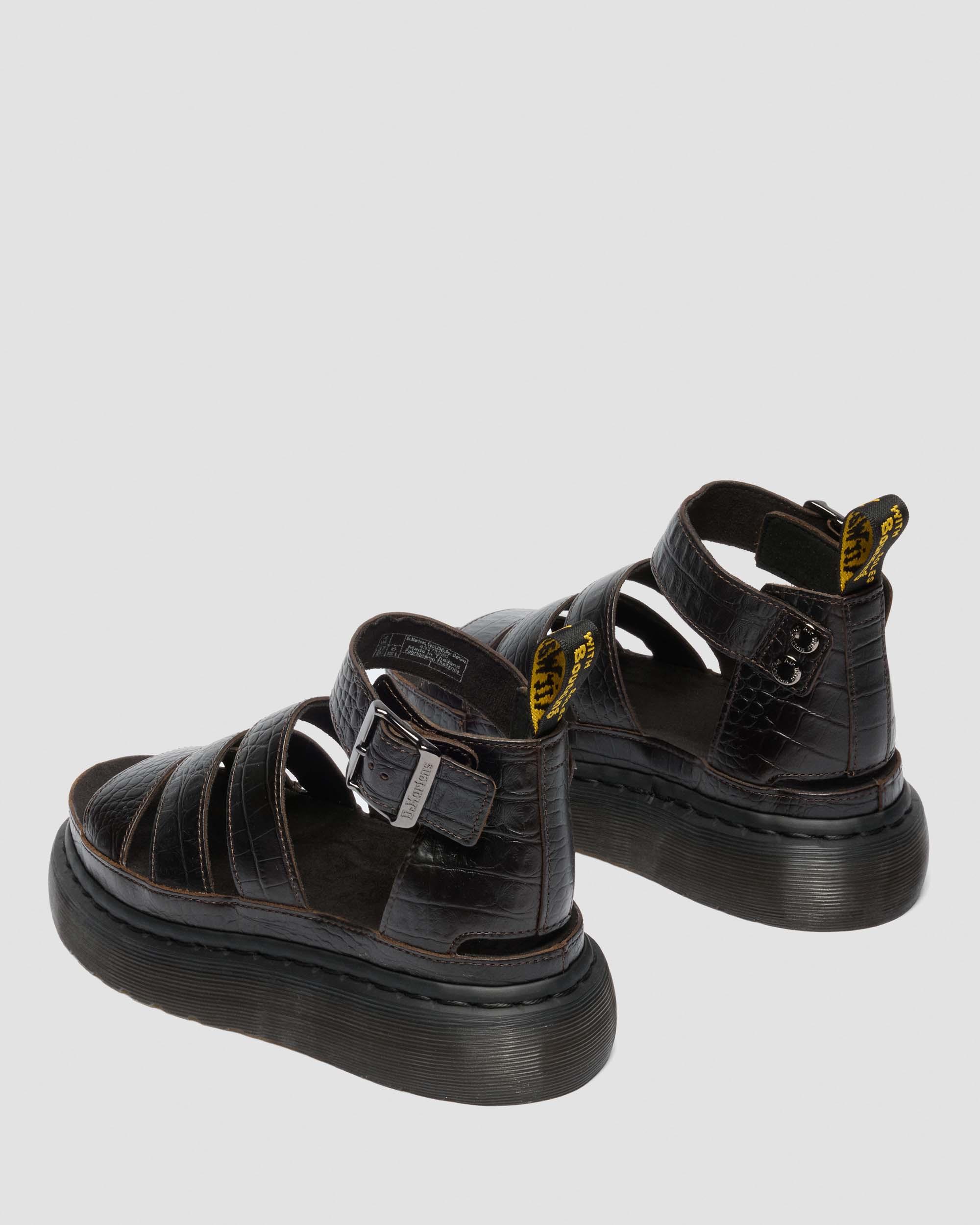 Clarissa Strap Croc Embossed Leather Quad Sandals in Dark Brown