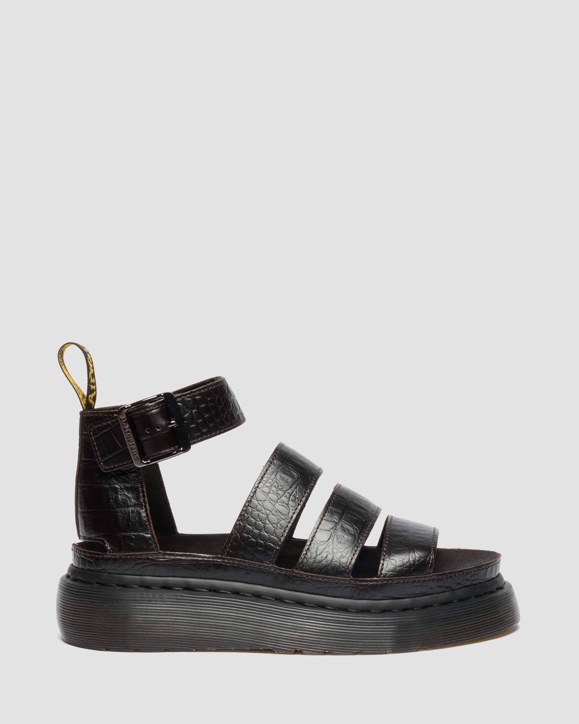 Clarissa Strap Croc Embossed Leather Quad Sandals in Dark Brown