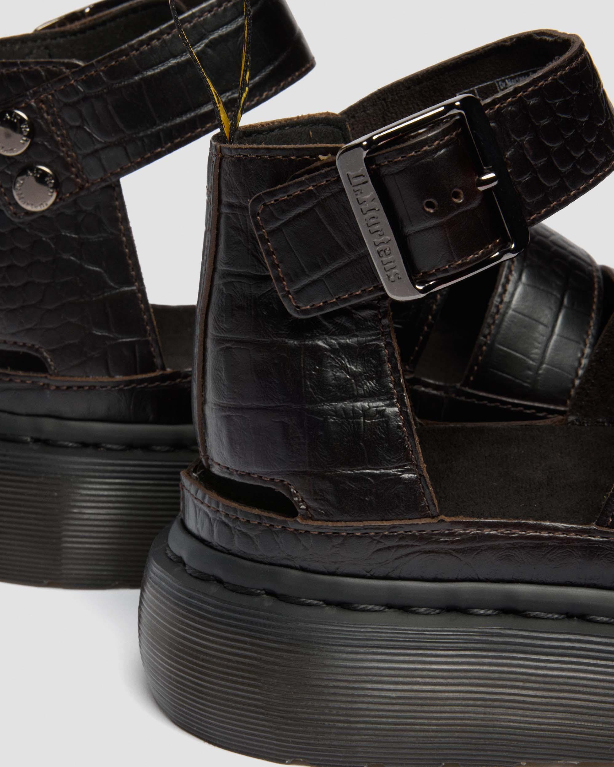 Clarissa Strap Croc Embossed Leather Quad Sandals in Dark Brown