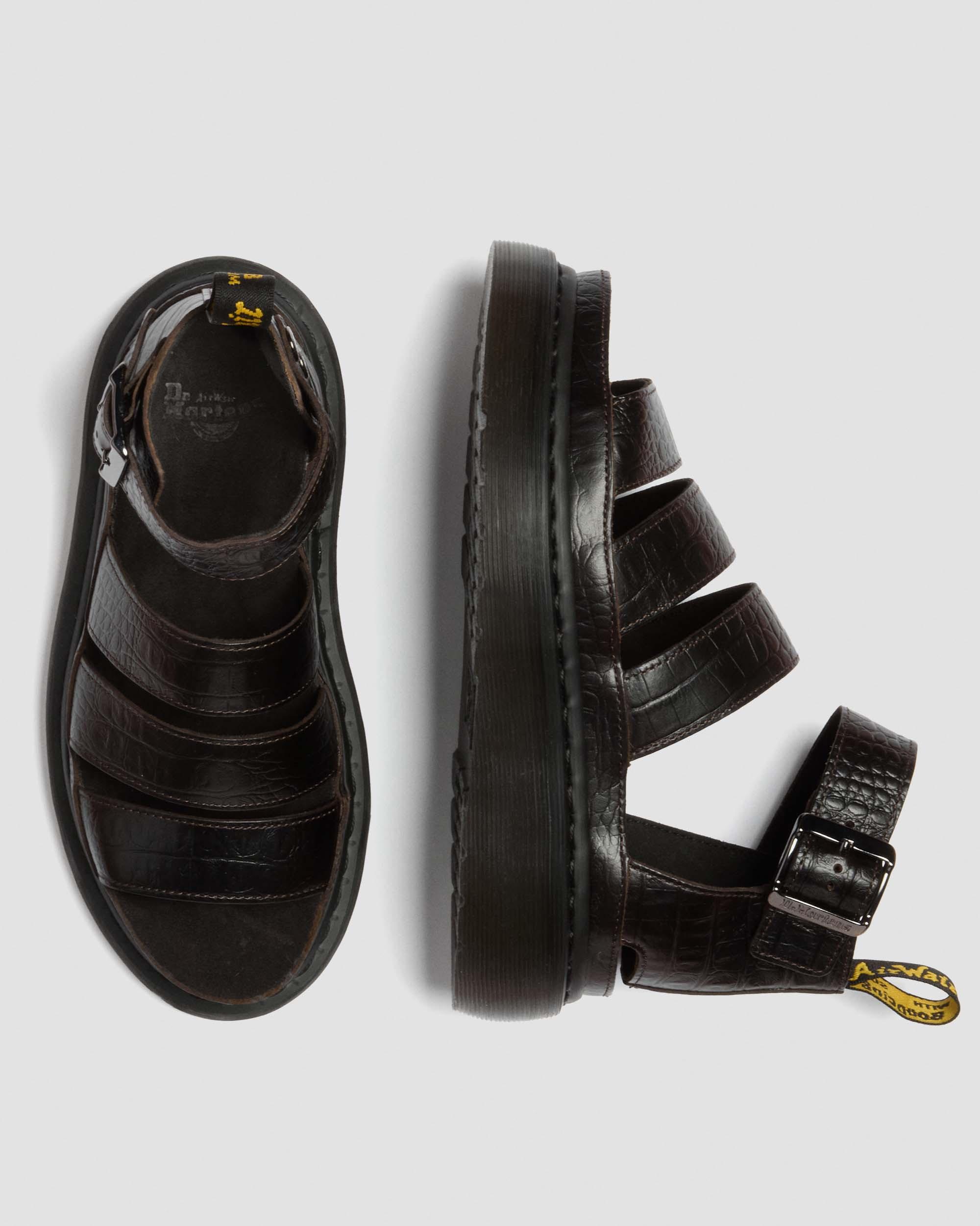 Clarissa Strap Croc Embossed Leather Quad Sandals in Dark Brown
