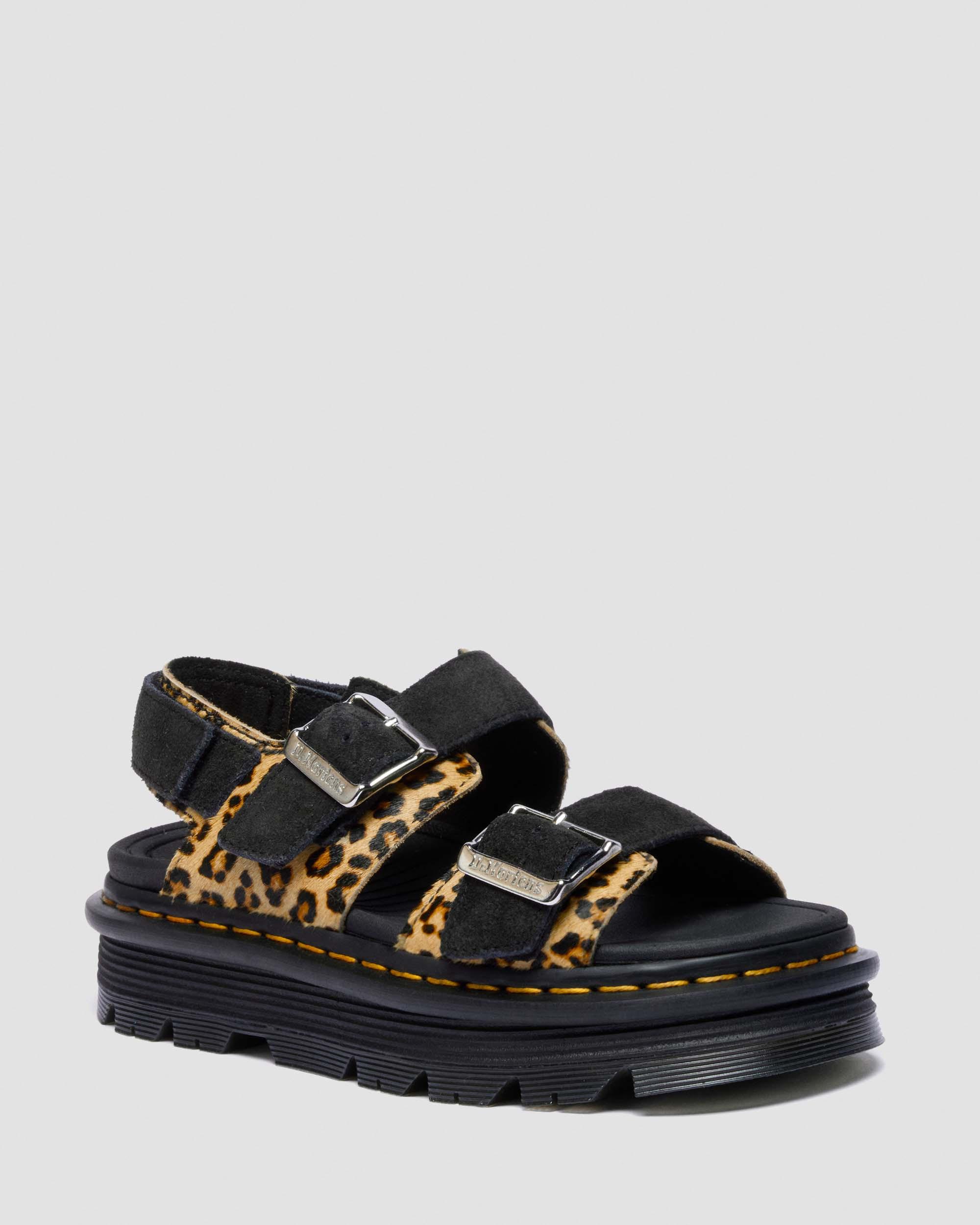 Zebzag Leopard Hair On Leather Sandals in Light Tan+Black