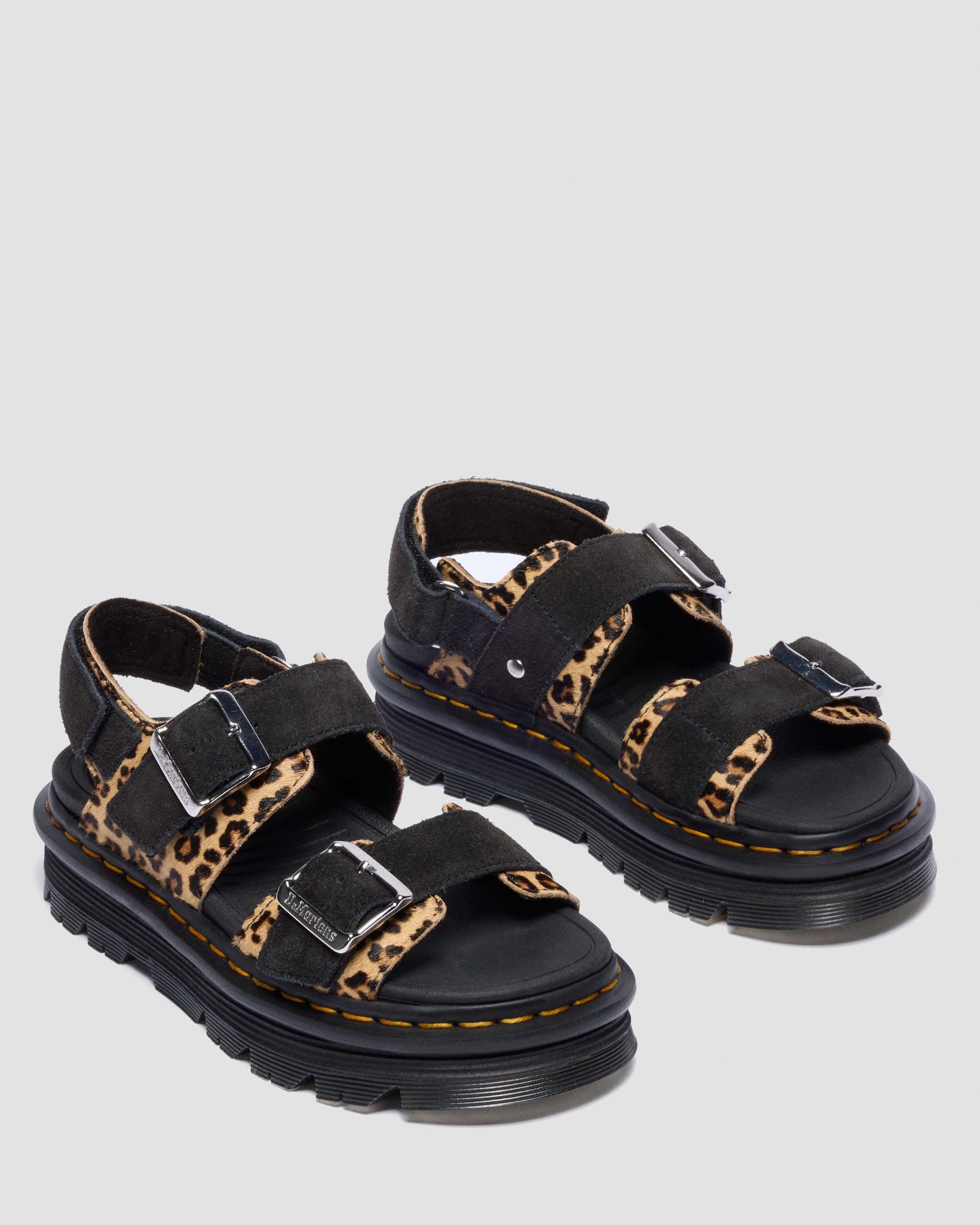 Zebzag Leopard Hair On Leather Sandals in Light Tan+Black