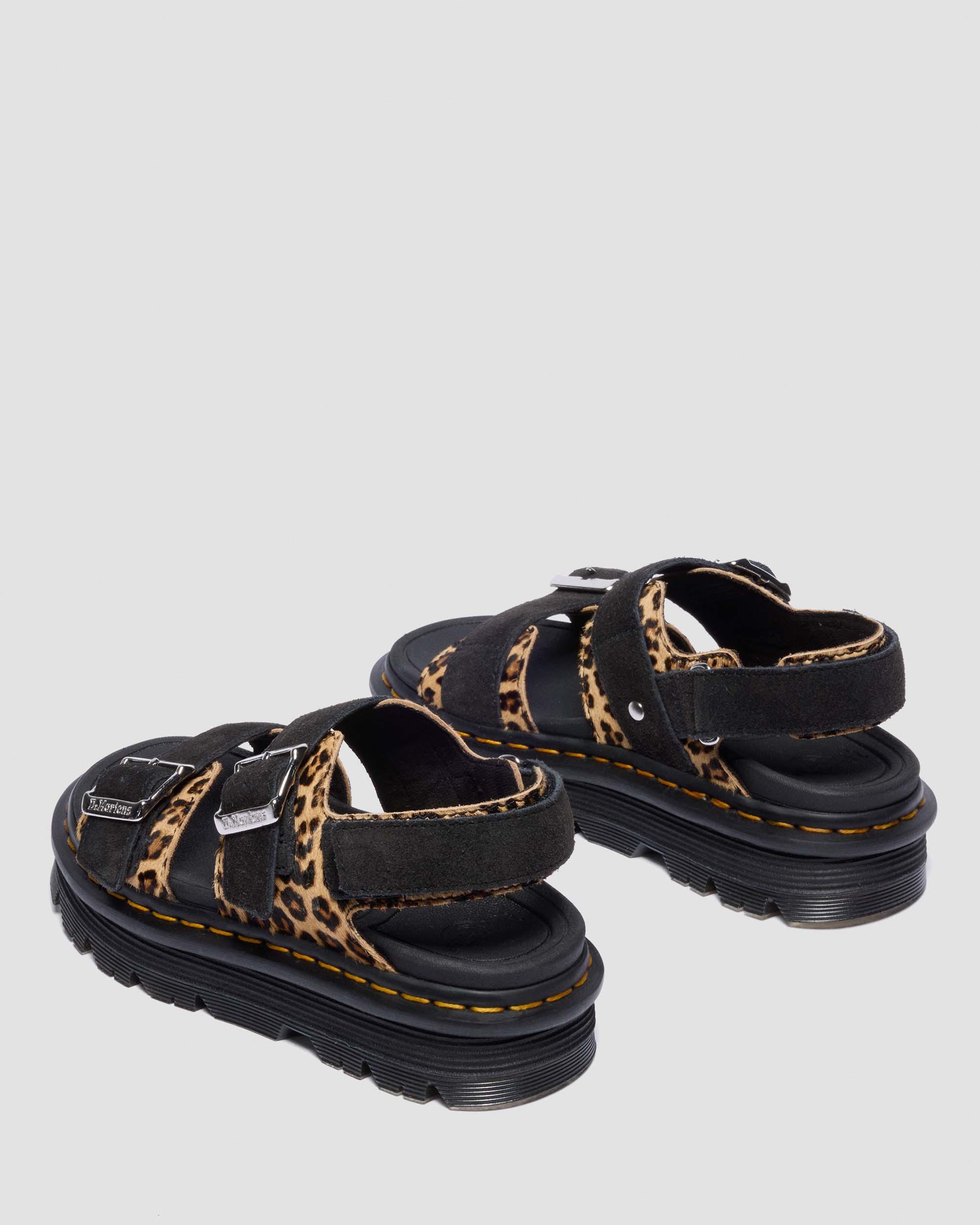 Zebzag Leopard Hair On Leather Sandals in Light Tan+Black