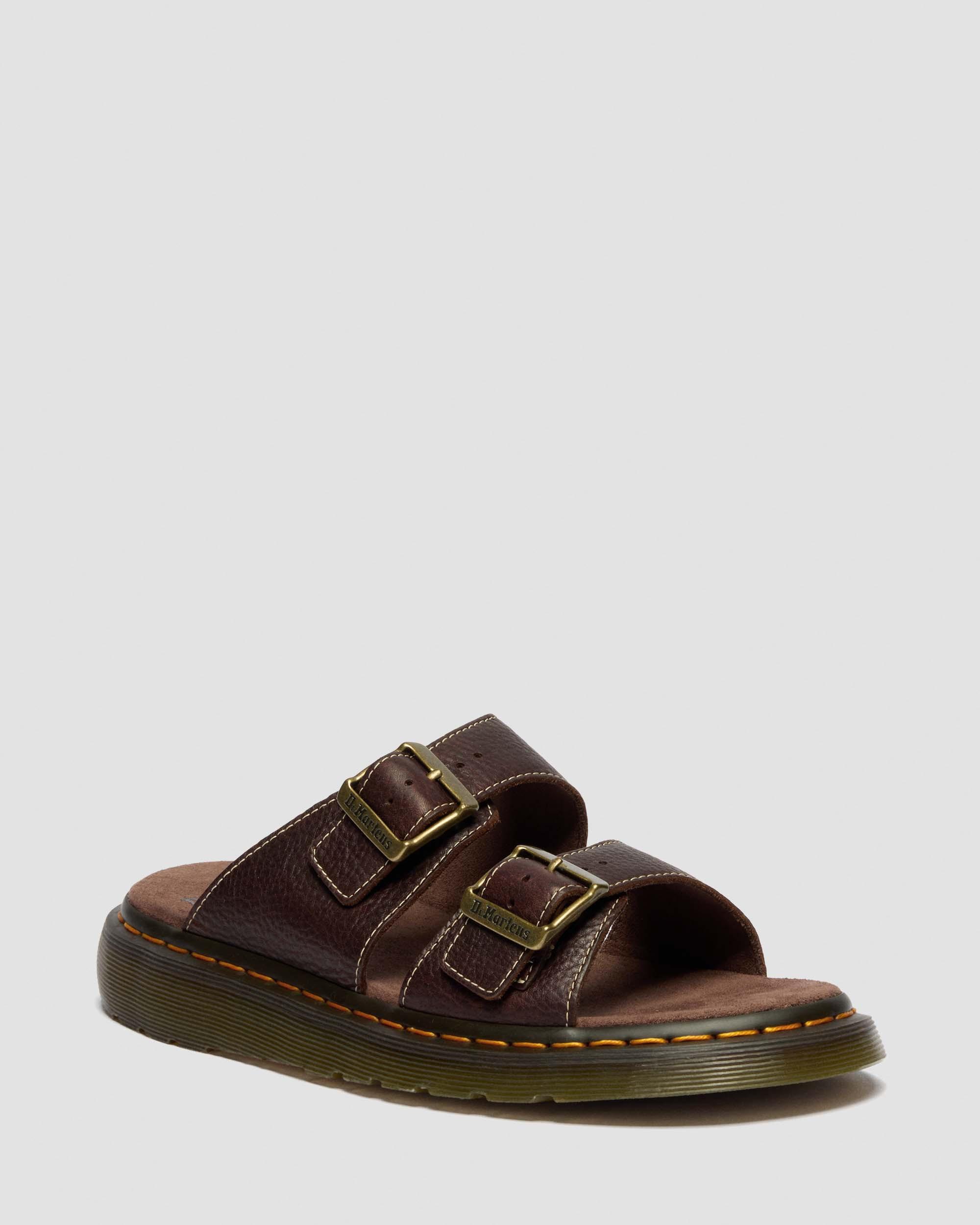 Josef Slide Grizzly Leather Sandals in Dark Brown