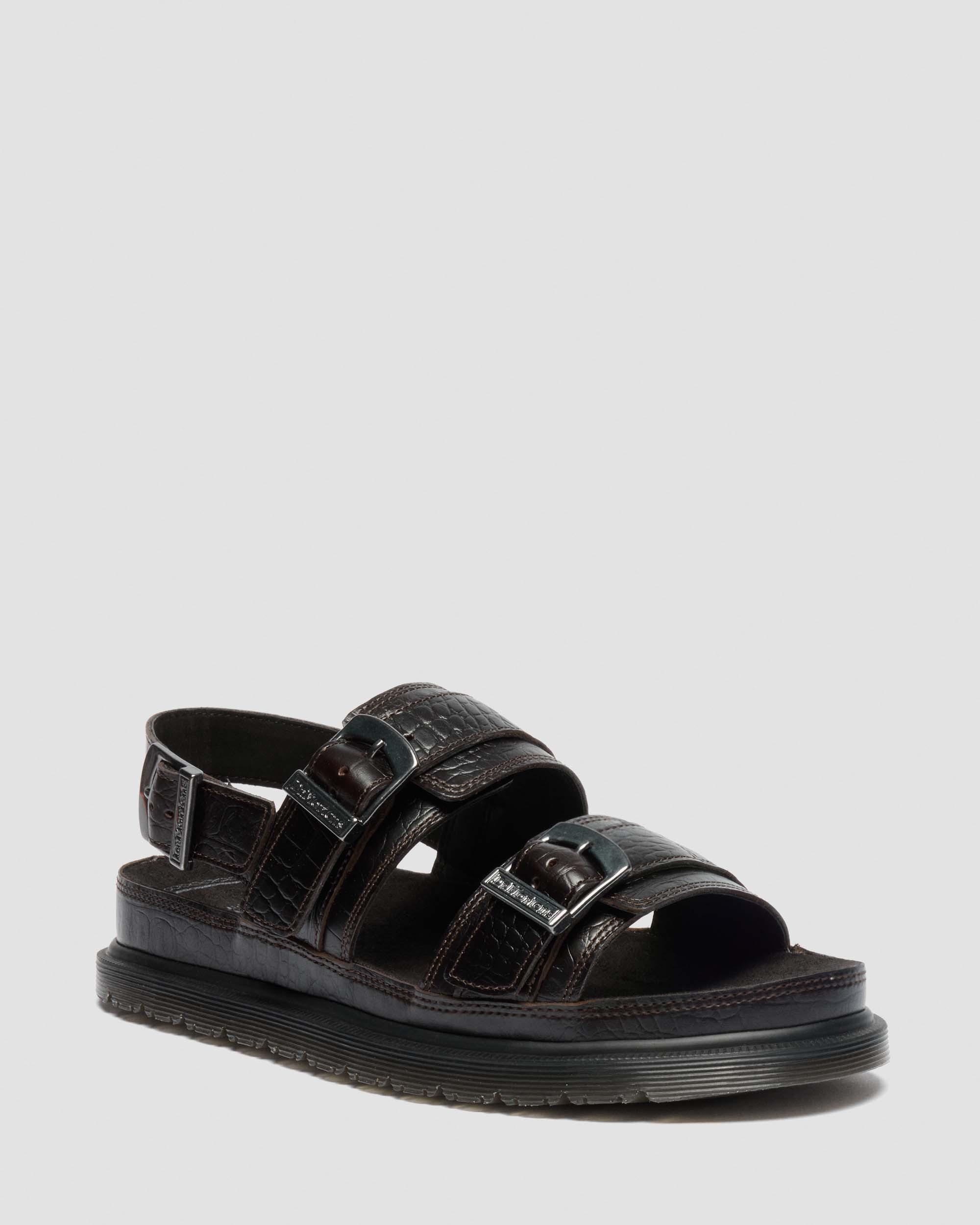 San Two Strap Croc Embossed Leather Sandals in Dark Brown