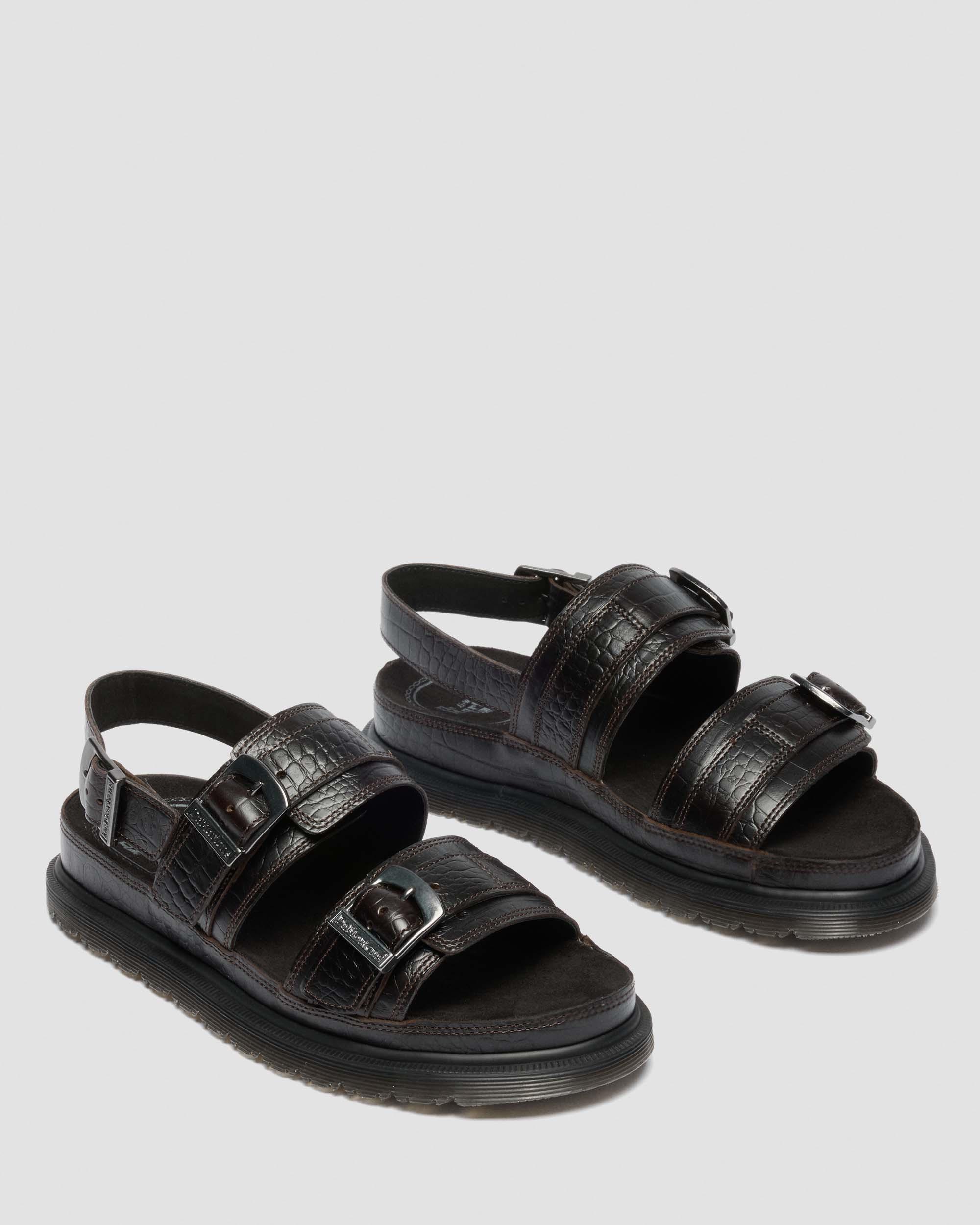 San Two Strap Croc Embossed Leather Sandals in Dark Brown