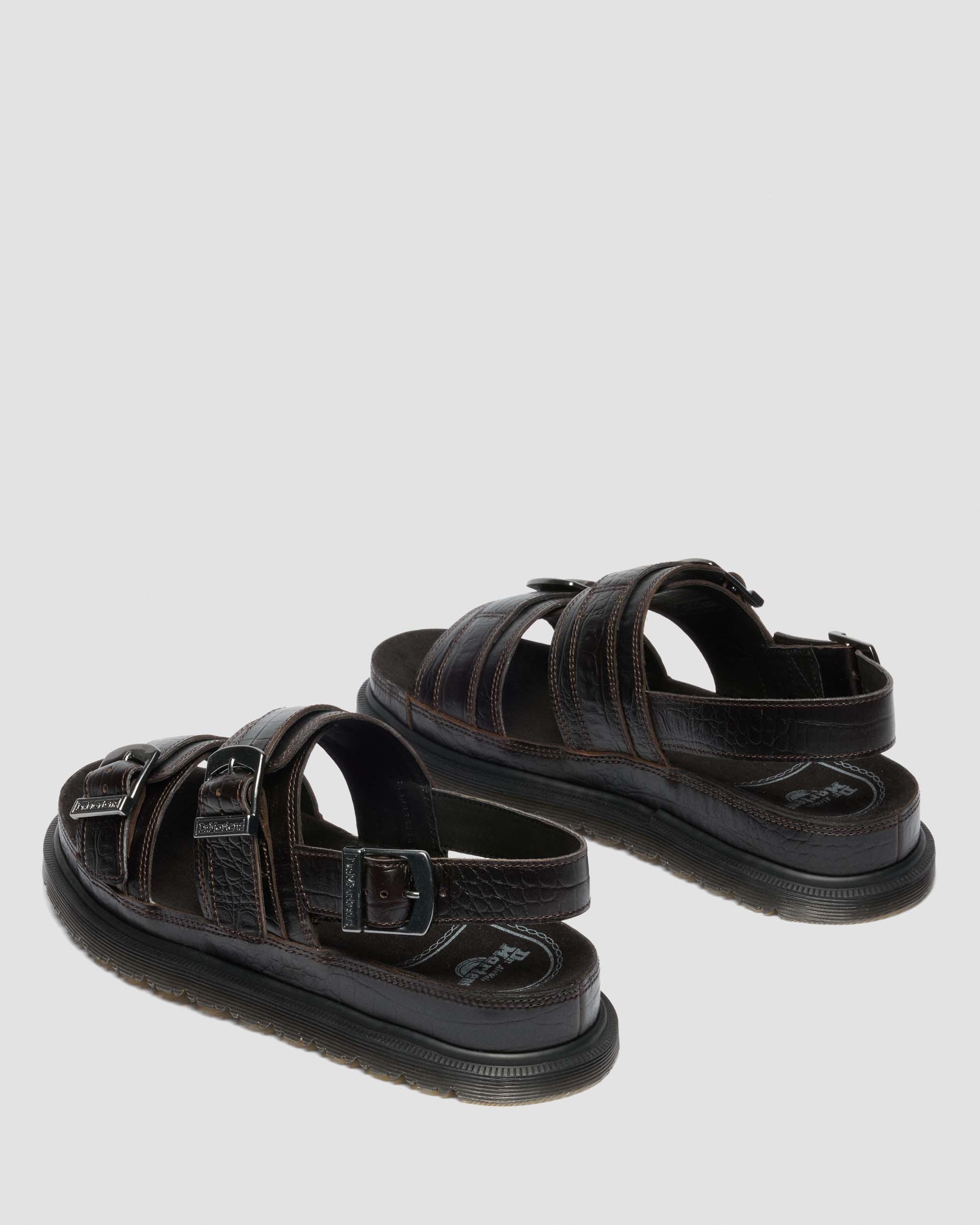 San Two Strap Croc Embossed Leather Sandals in Dark Brown