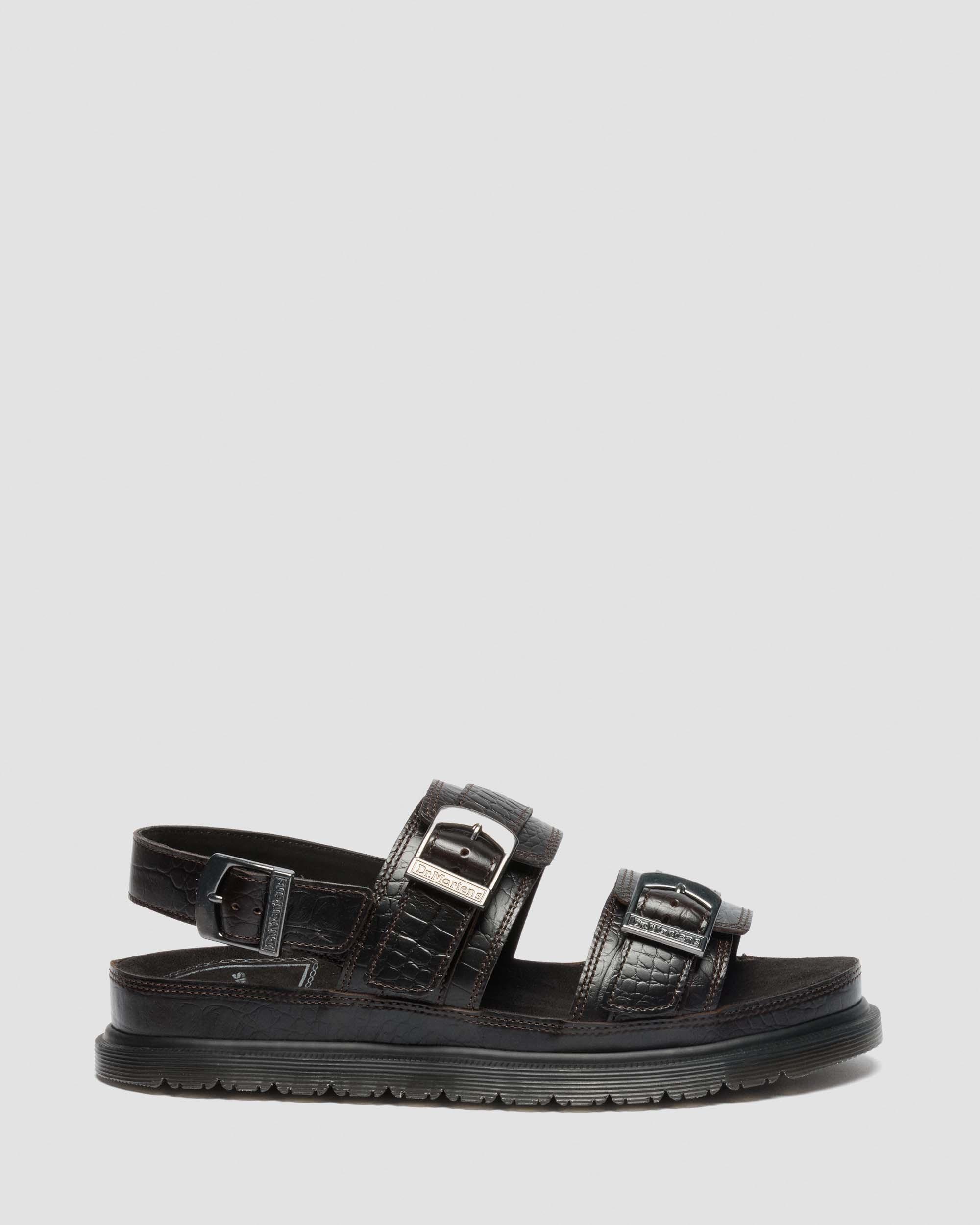 San Two Strap Croc Embossed Leather Sandals in Dark Brown