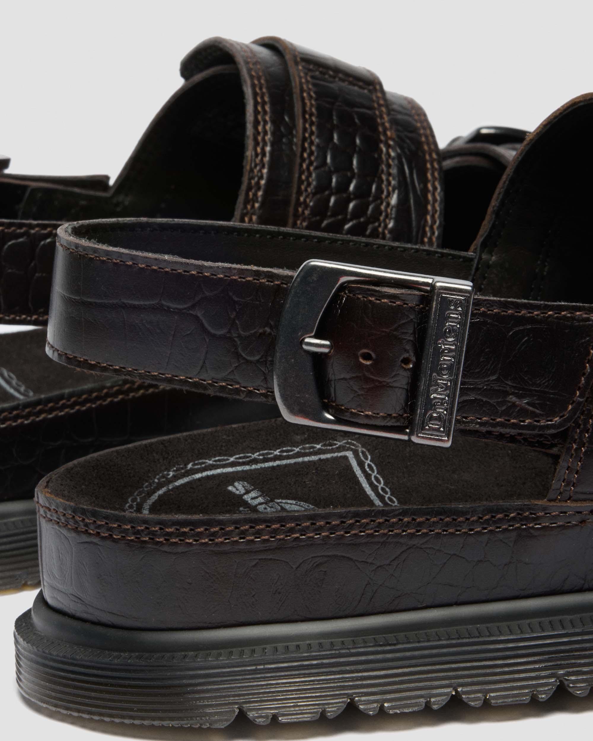 San Two Strap Croc Embossed Leather Sandals in Dark Brown