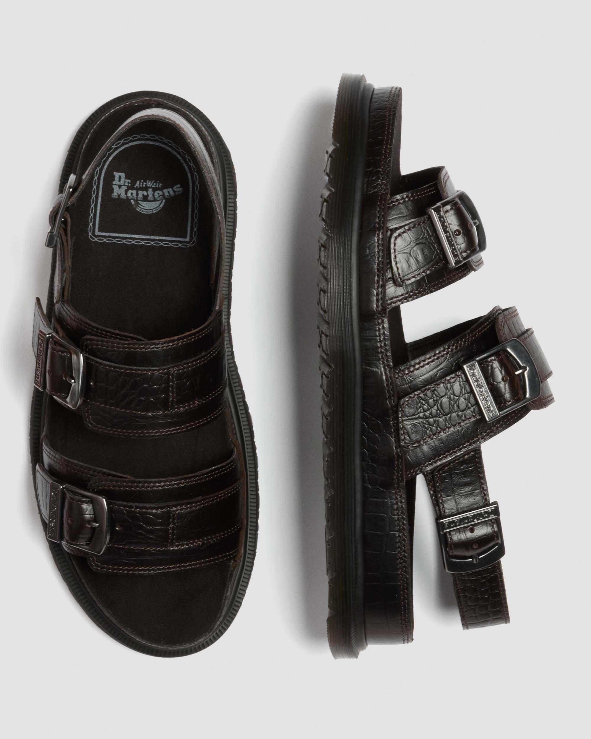 San Two Strap Croc Embossed Leather Sandals in Dark Brown | Dr