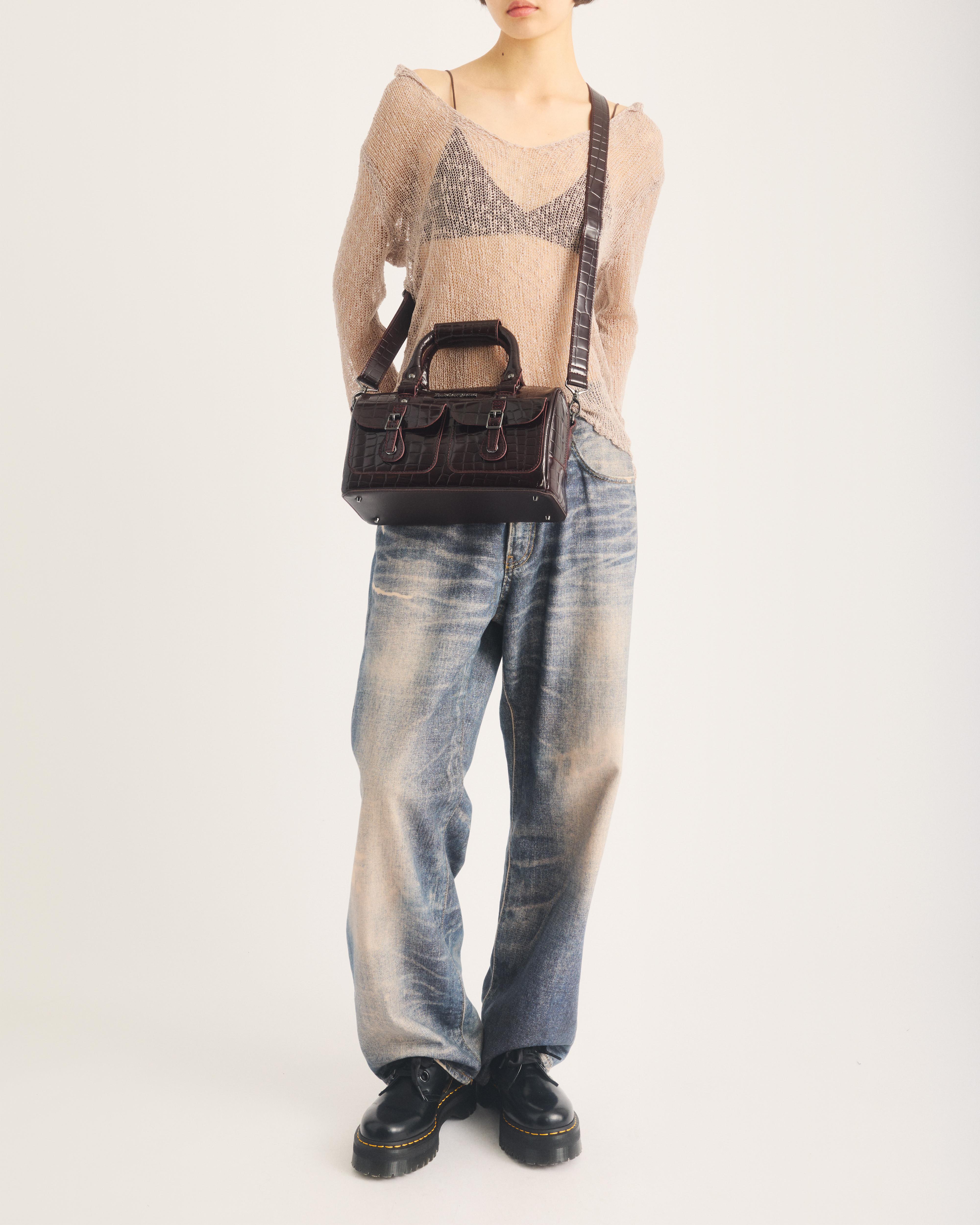 Top Handle Croc Emboss Leather Bag in Oxblood Red