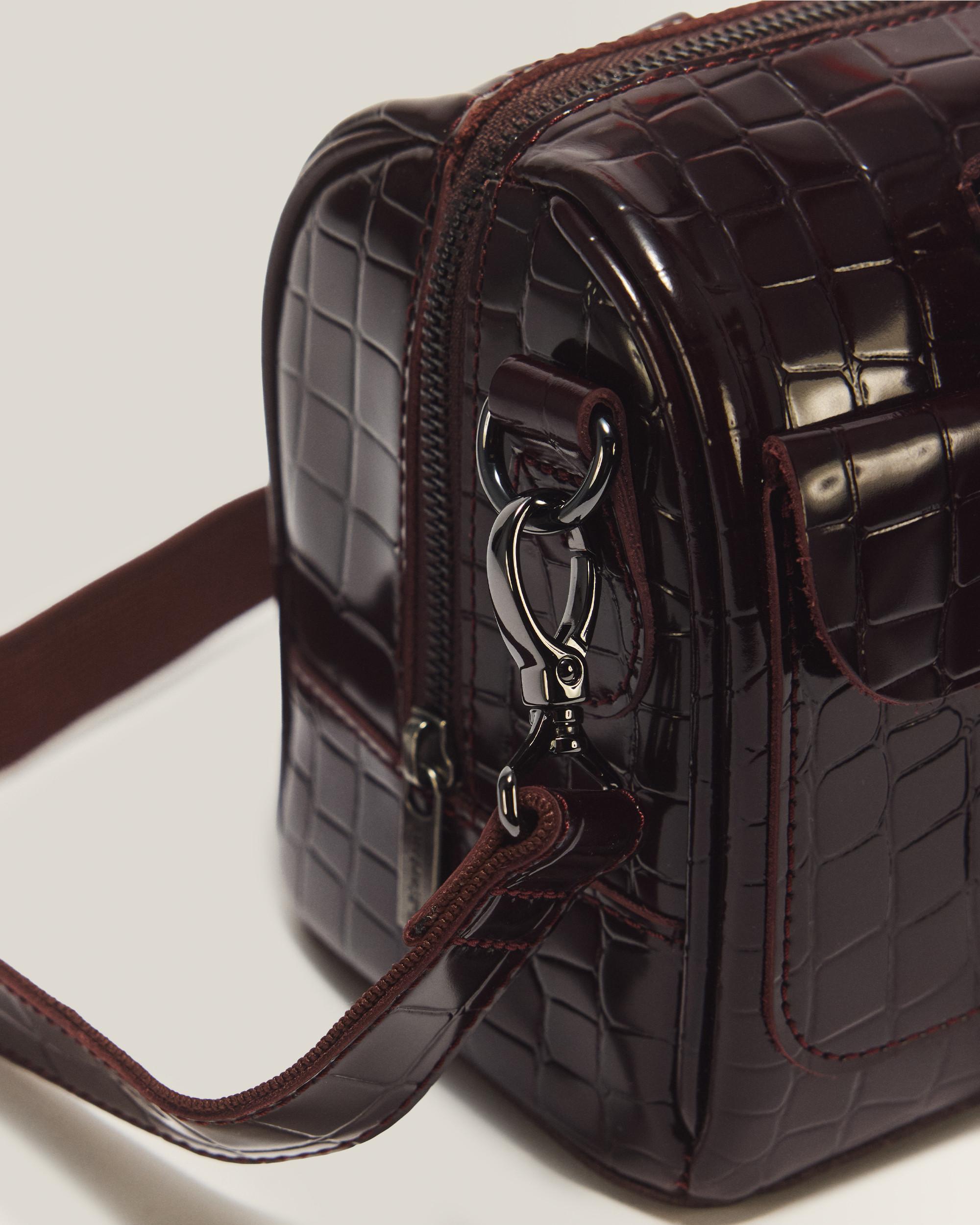 Top Handle Croc Emboss Leather Bag in Oxblood Red
