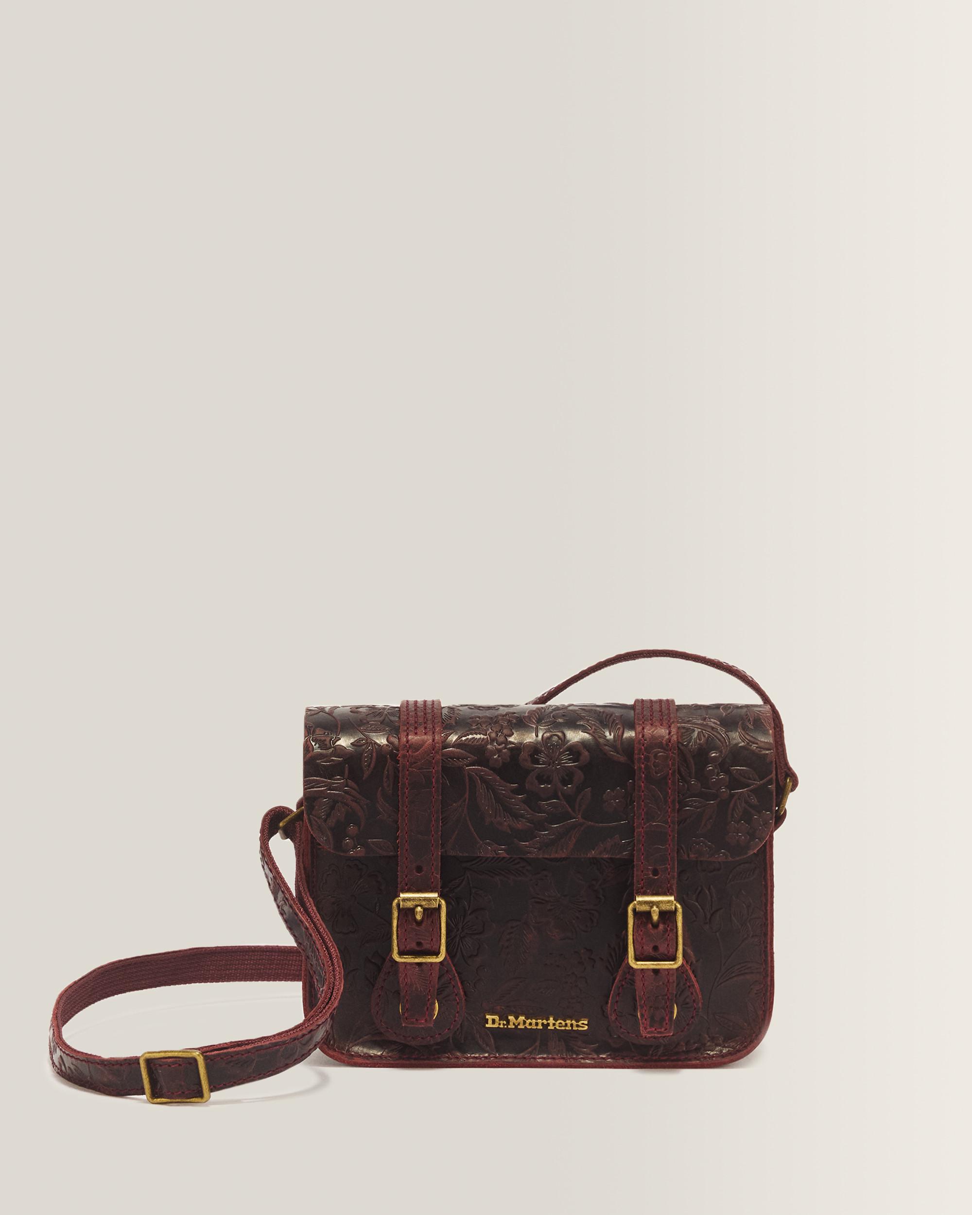7" Floral Emboss Crazy Horse Leather Satchel in Cherry Red