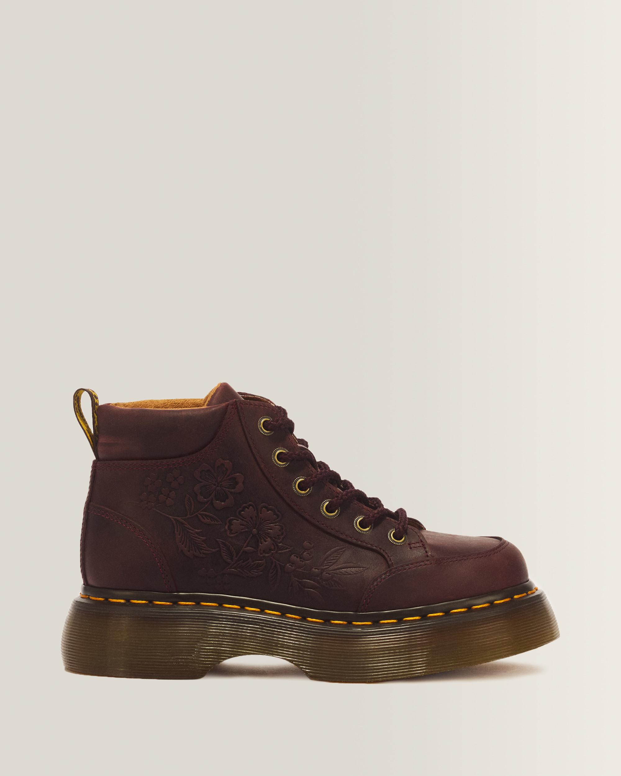 Buzz Floral Emboss Analine Leather Boots in Rouge Cherry Red