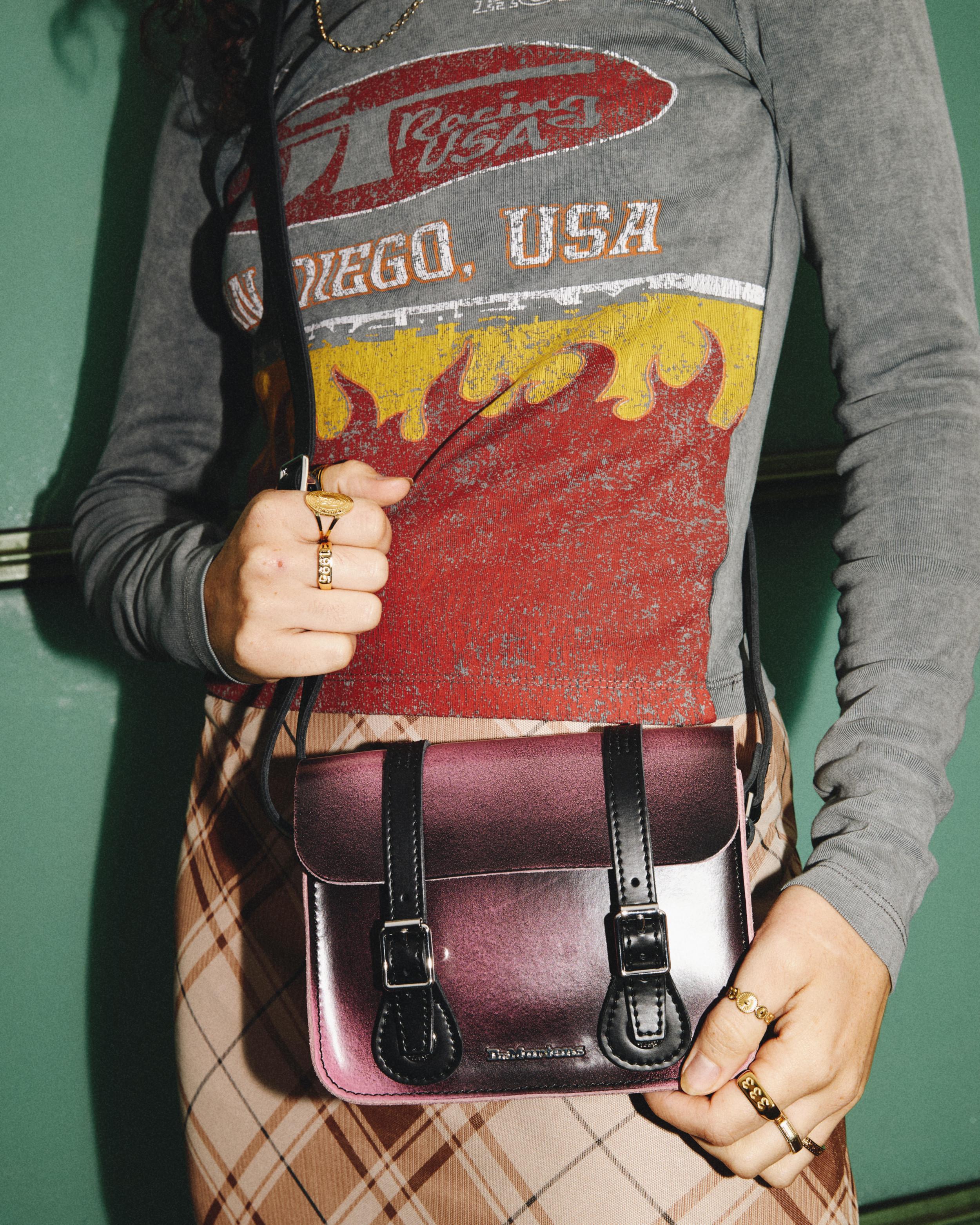 7 Inch Distressed Look Leather Crossbody Bag in Black+Fondant Pink