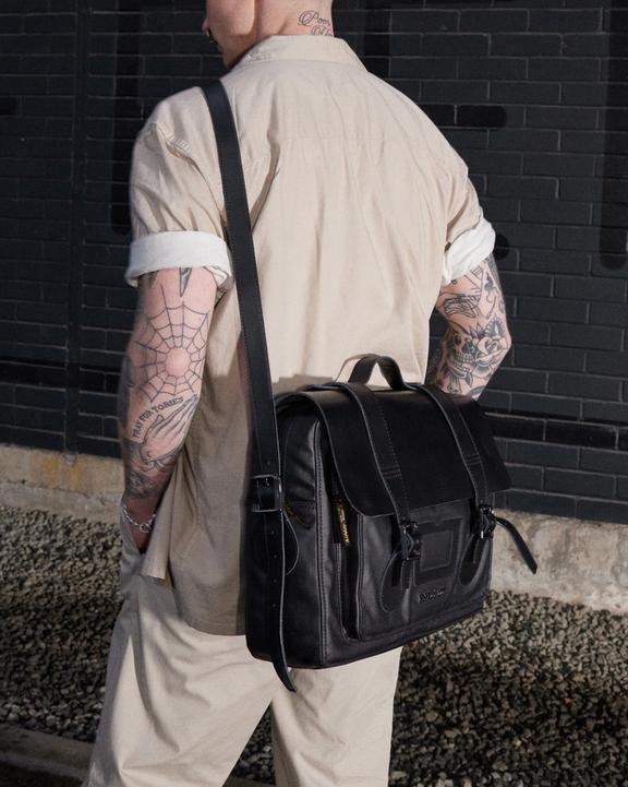 Kiev Smooth Leather & Canvas Messenger Bag in Black | Dr Kiev Smooth Leather & Canvas Messenger Bag in Black | Dr