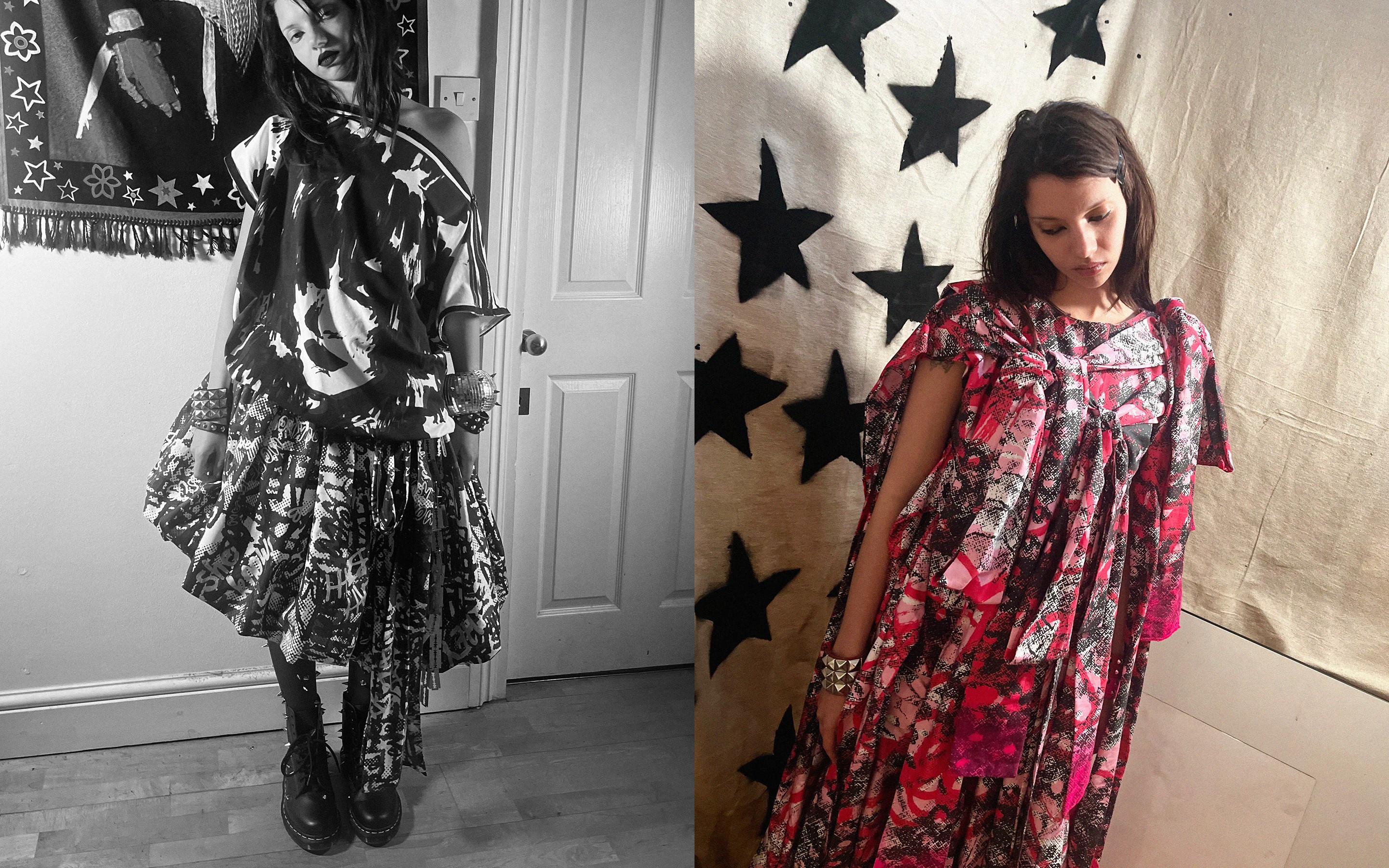 Person in a loose printed dress and black lace-up boots, standing by a starry wall hanging