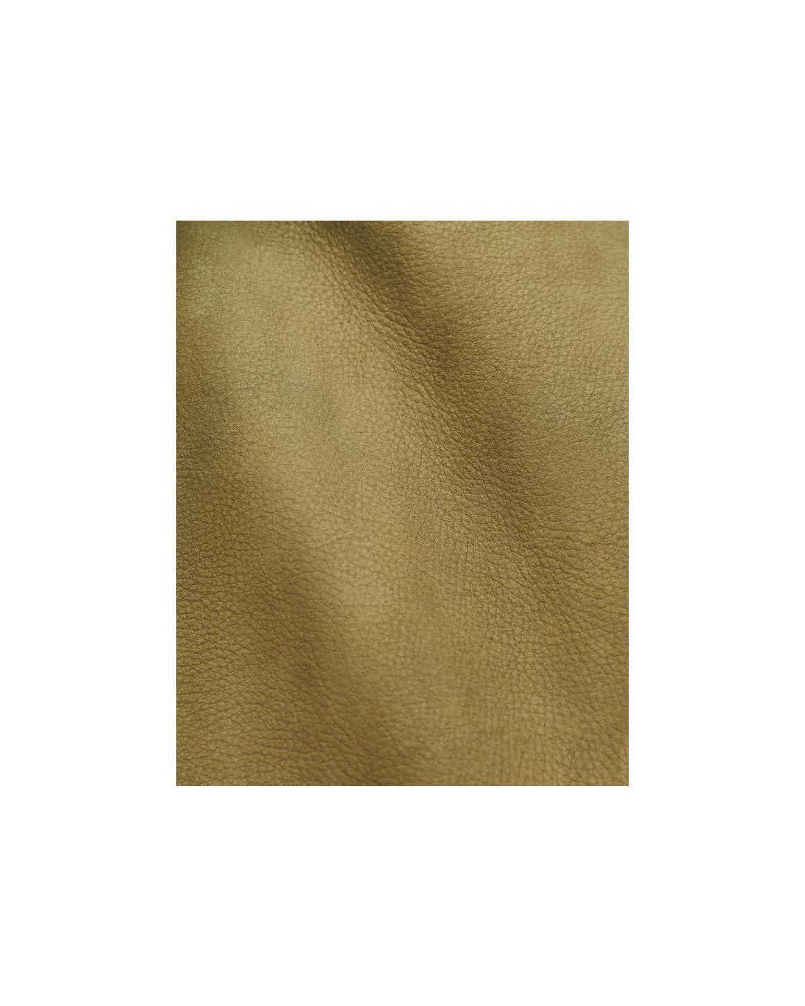 Olive green leather swatch with a soft matte finish and fine pebble grain