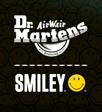 Dr Martens and Smiley logo with smiley face background.