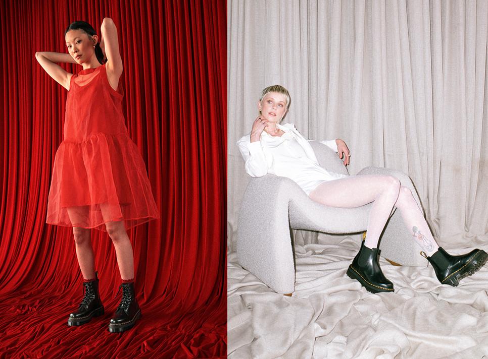 Two holiday party outfit ideas with Dr. Martens originals boots