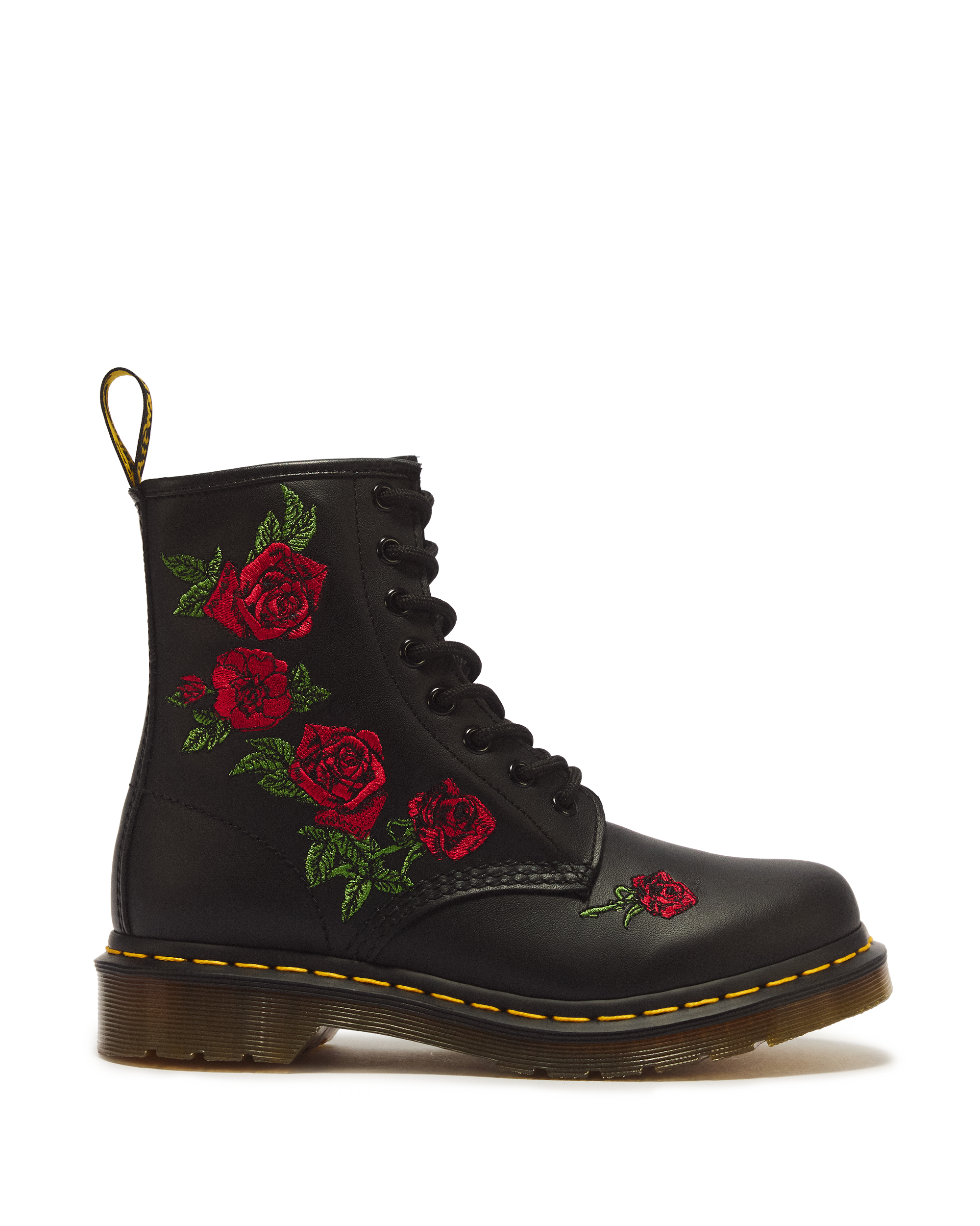 Black Dr Martens lace-up boots with embroidered roses
