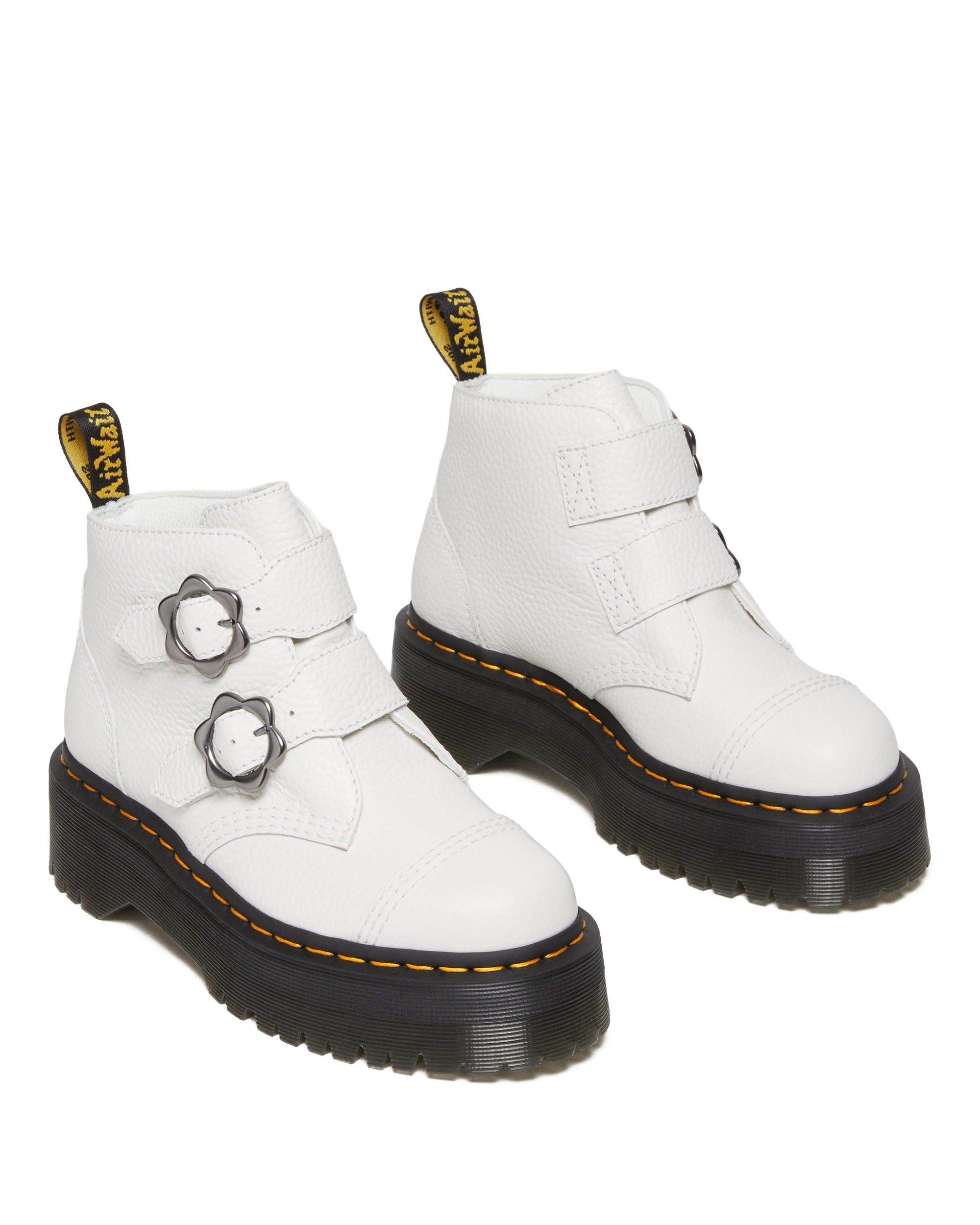 Devon Flower Buckle Milled Nappa Leather Platform Boots in White