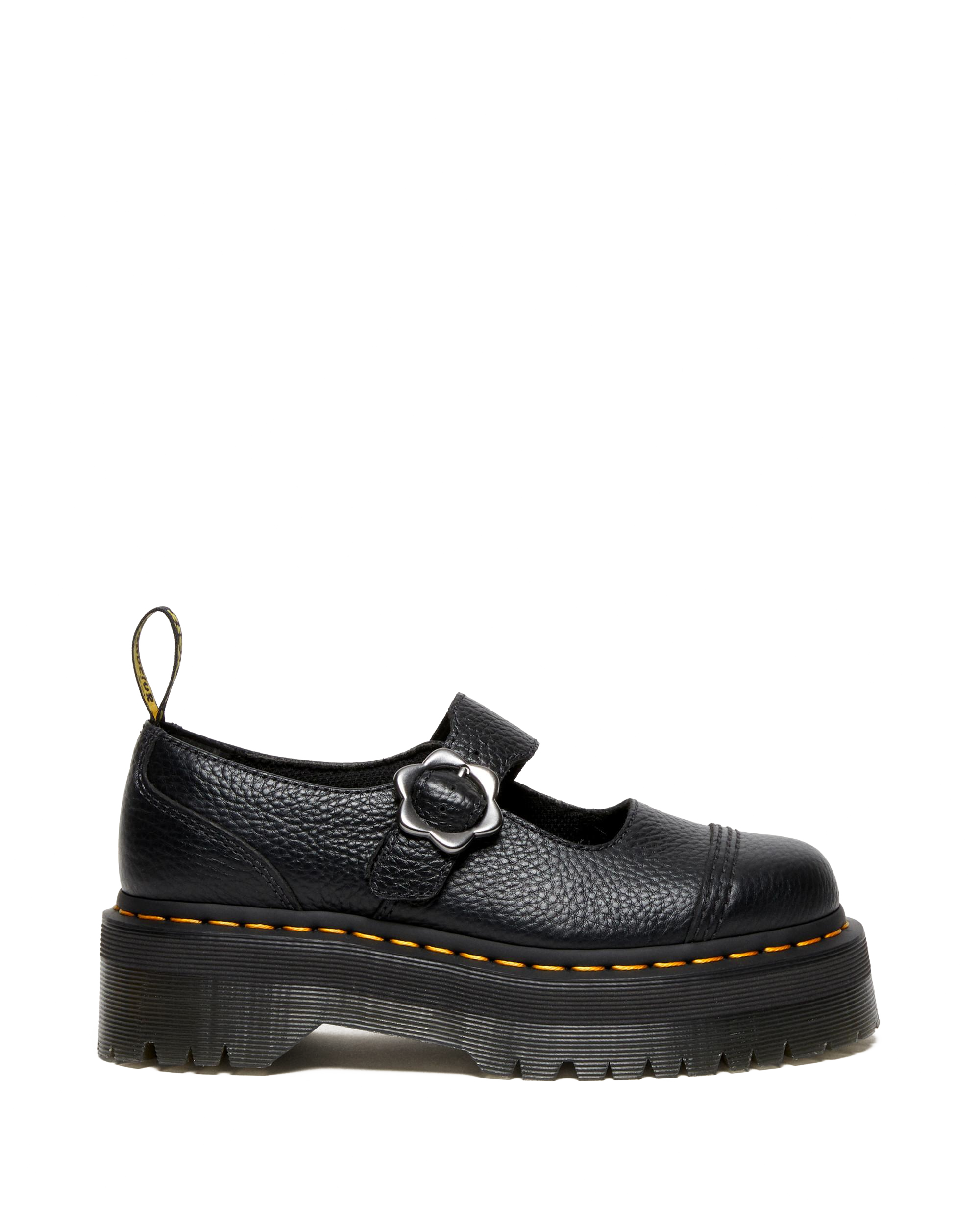 Addina Flower Buckle Leather Platform Shoes in Black Milled Nappa
