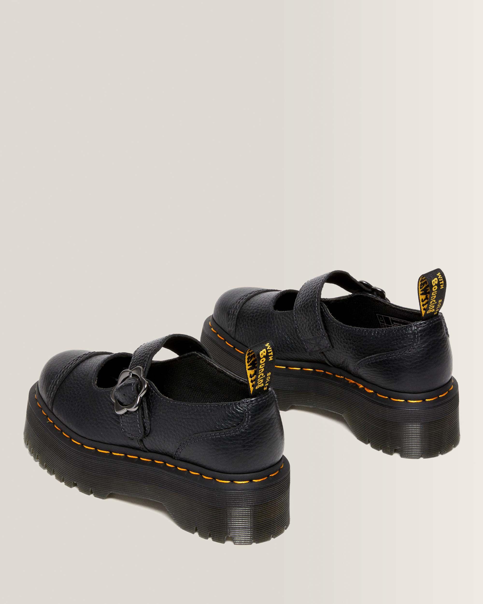 Addina Flower Buckle Leather Platform Shoes in Black Milled Nappa