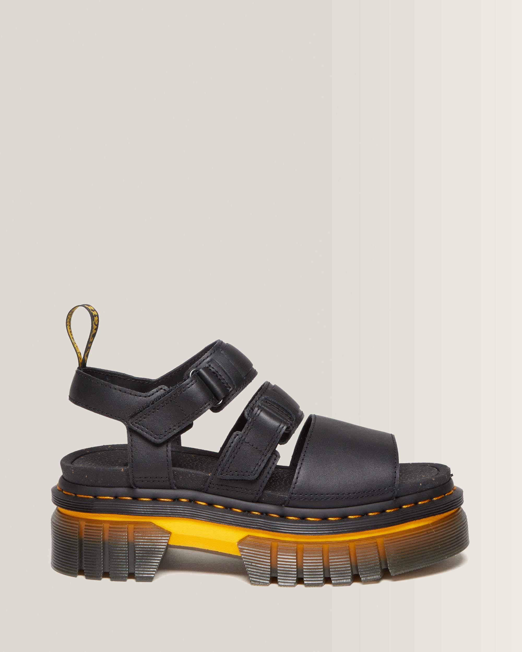 Ricki Contrast Sole Leather 3-Strap Platform Sandals in Black | Dr