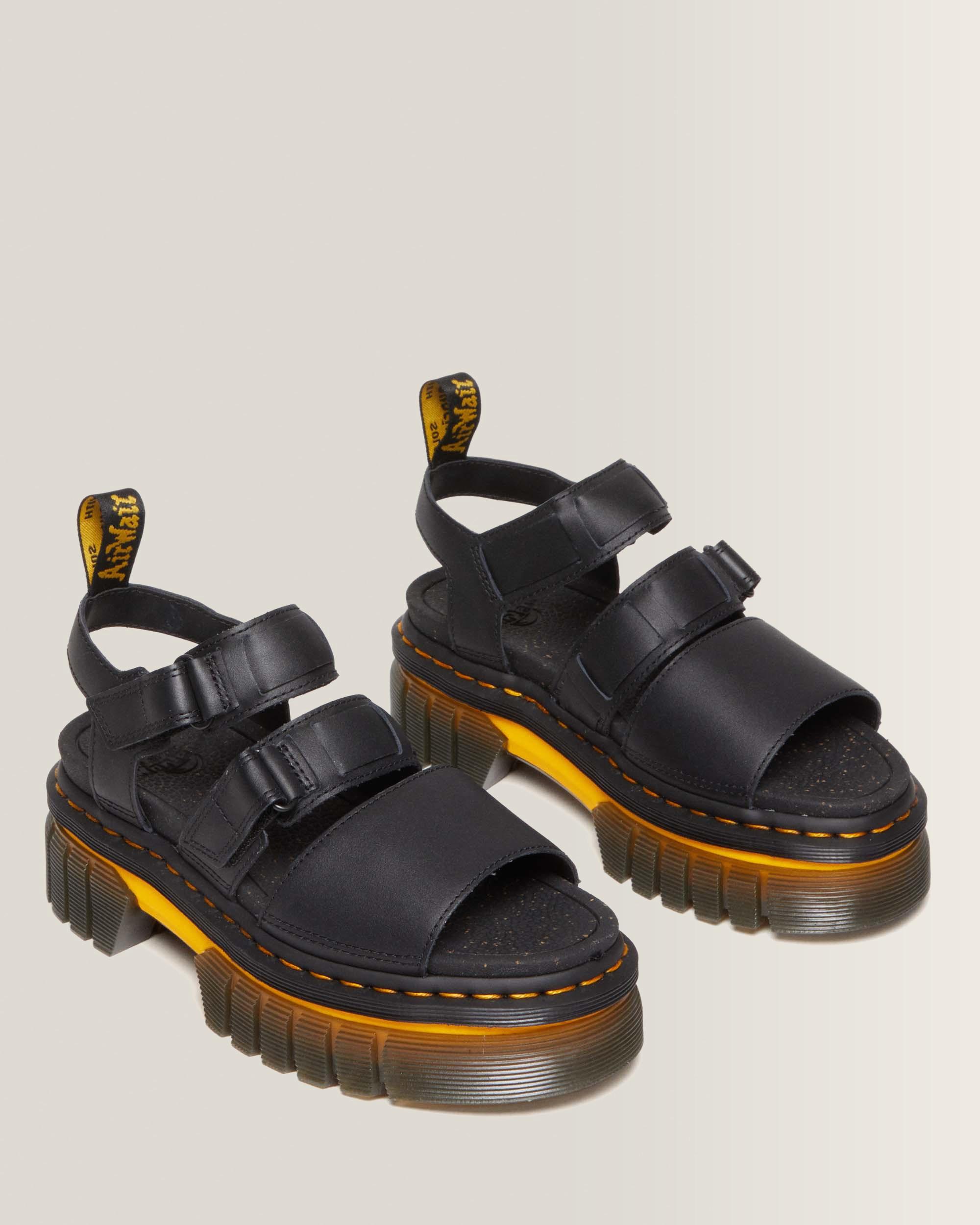 Ricki Contrast Sole Leather 3-Strap Platform Sandals in Black | Dr