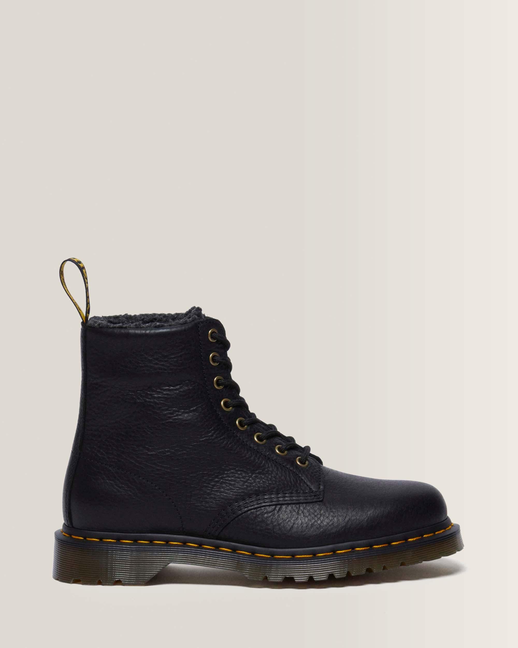 もこもこ 1460 Faux Fur Lined Grizzly Leather Lace Up Boots in Black | Dr