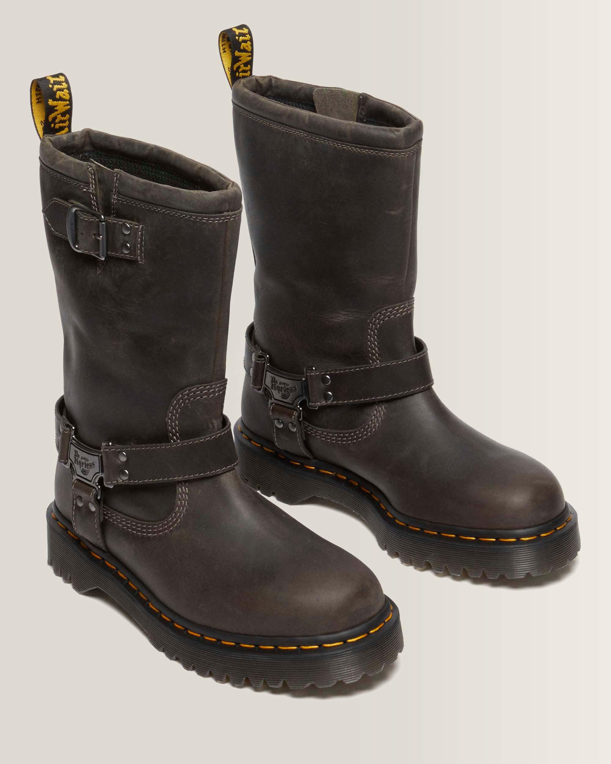 Anistone Tall Leather Biker Boots in Charcoal Grey | Dr. Martens™