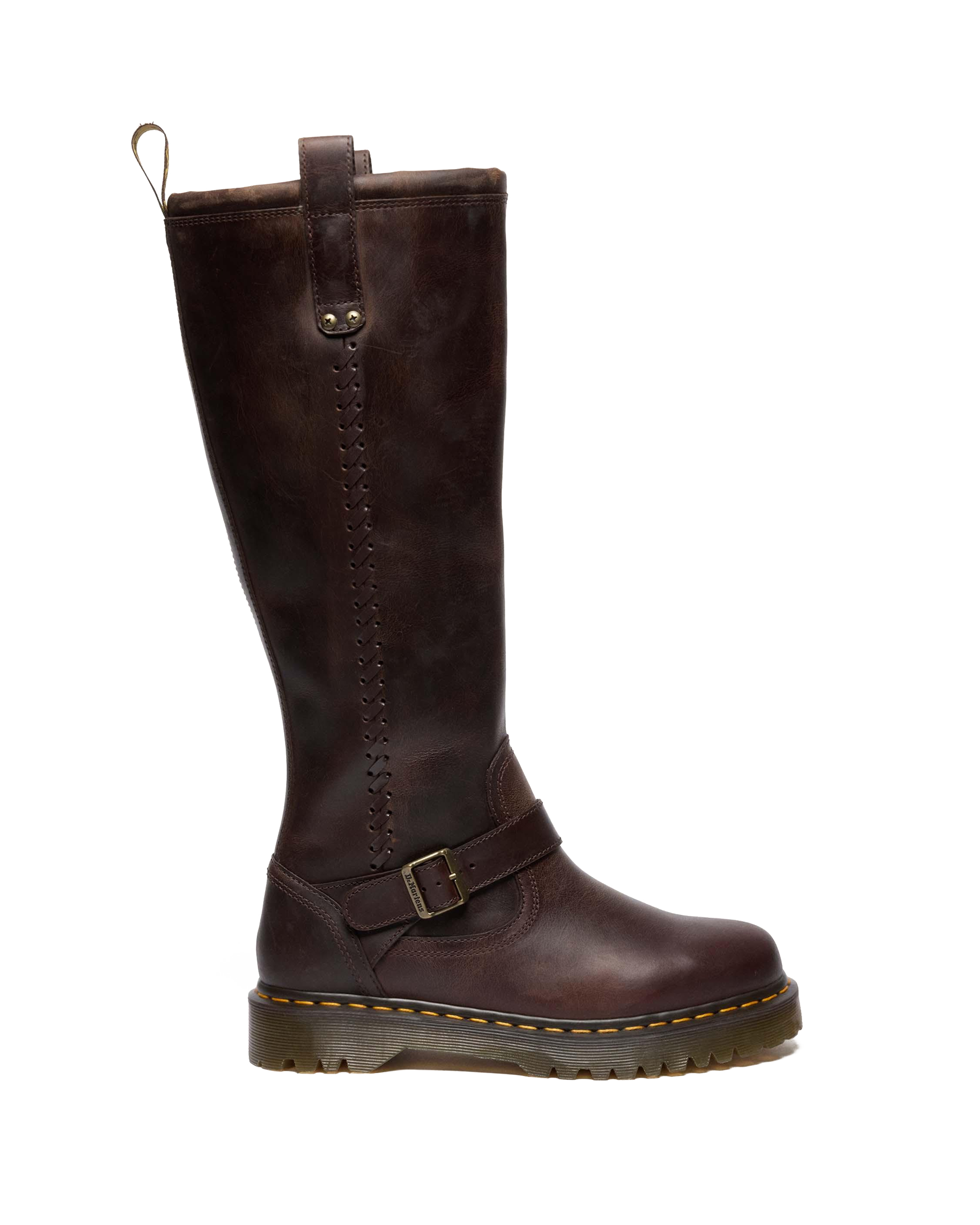 Anistone Knee High Crazy Horse Biker Boots in Dark Brown | Dr