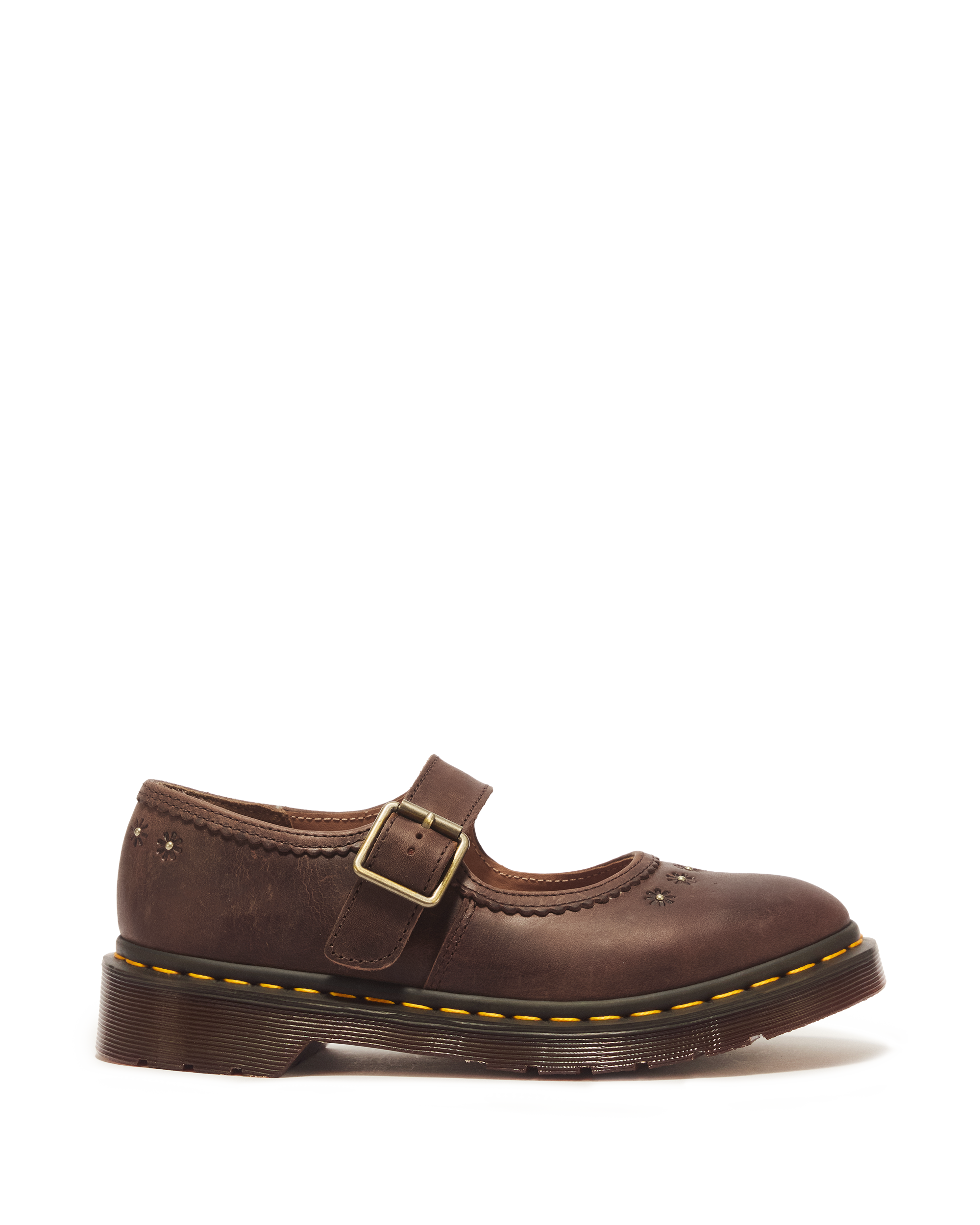 Mary Jane Flower Crazy Horse Leather Shoes in DARK BROWN | Dr